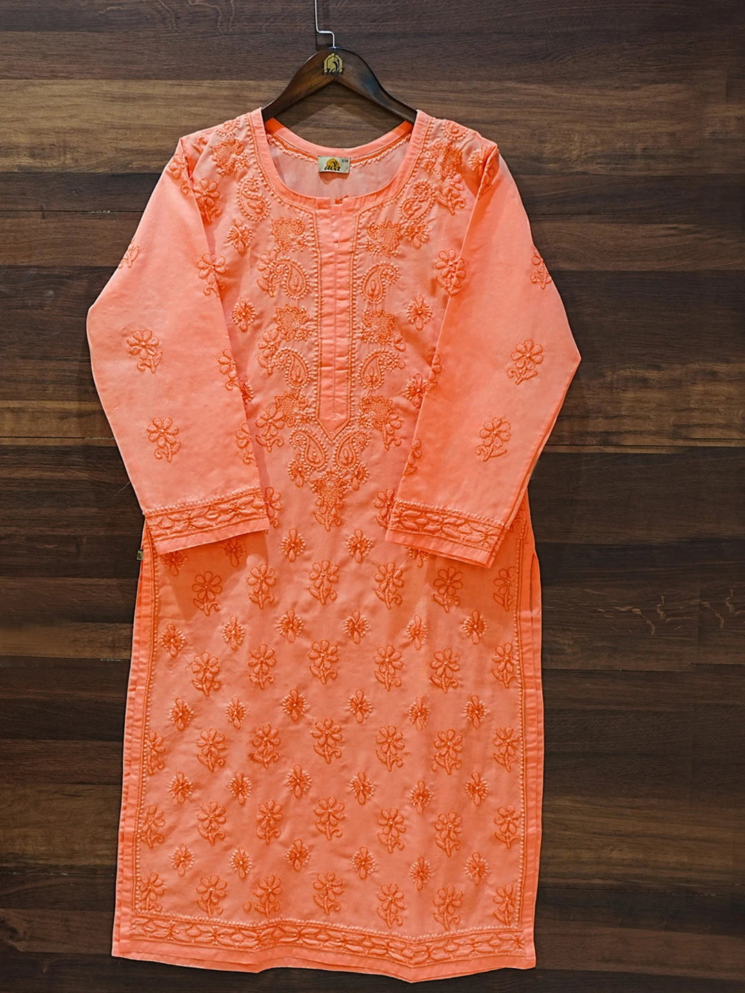 Ada Hand Embroidered Peach Pink Cotton Lucknowi Chikankari Straight Kurta A411620