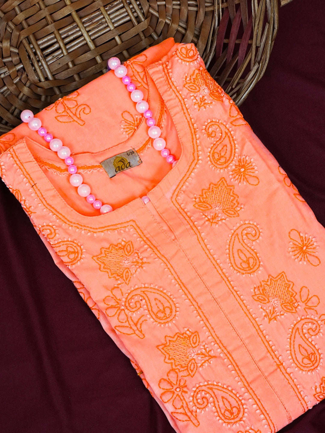 Ada Hand Embroidered Peach Pink Cotton Lucknowi Chikankari Straight Kurta A411620