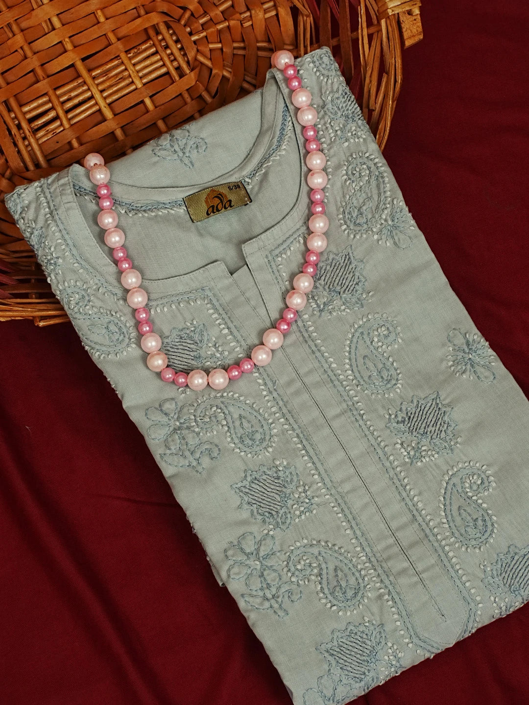 Ada Hand Embroidered Grey Cotton Lucknowi Chikankari Straight Kurta A411623