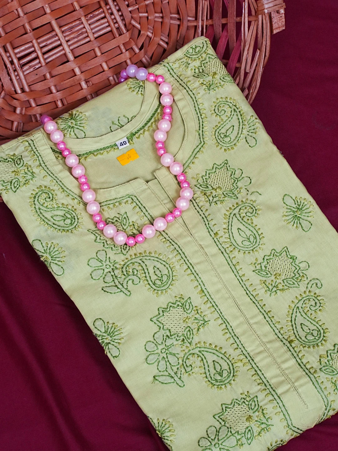 Ada Hand Embroidered Green Cotton Lucknowi Chikankari Straight Kurta A411625