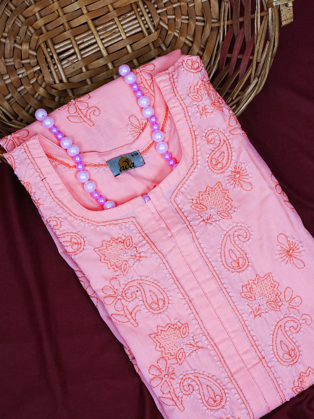 Ada Hand Embroidered Pink Cotton Lucknowi Chikankari Straight Kurta A411626