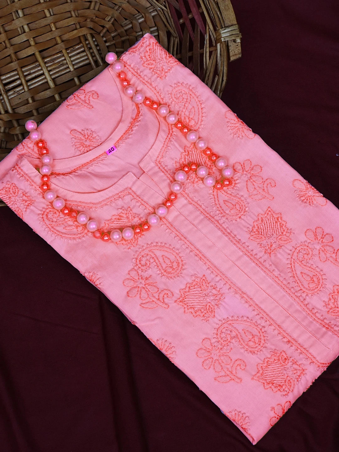 Ada Hand Embroidered Onion Pink Cotton Lucknowi Chikankari Straight Kurta A411624