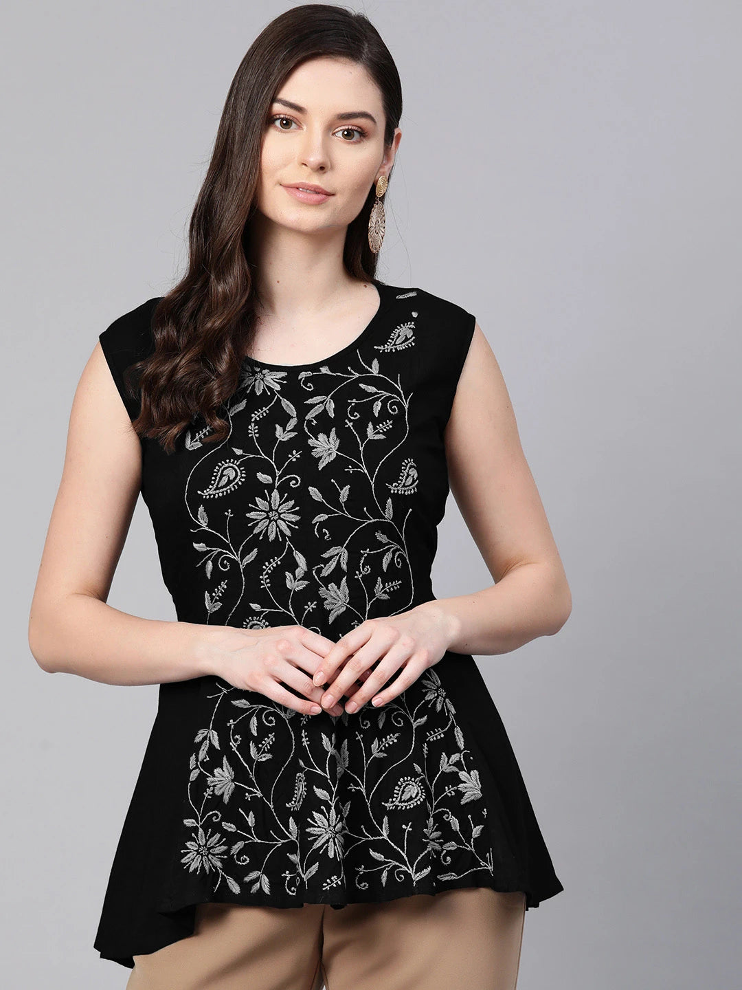 Ada Hand Embroidered Black Rayon Lucknowi Chikankari Top A911406
