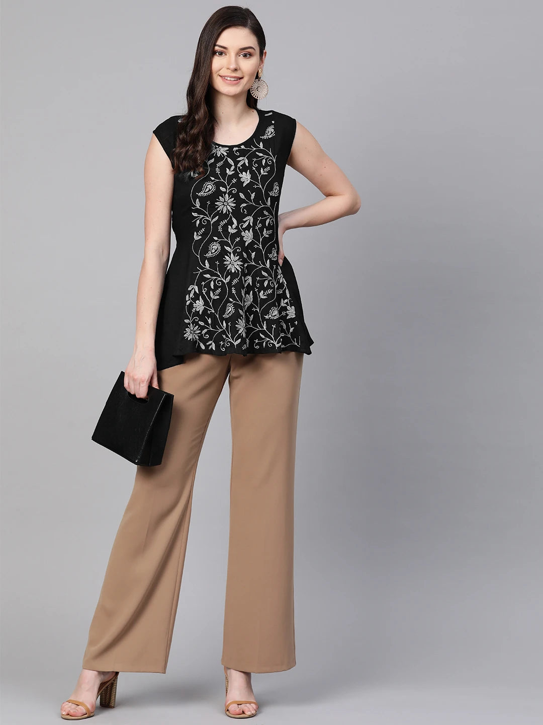 Ada Hand Embroidered Black Rayon Lucknowi Chikankari Top A911406