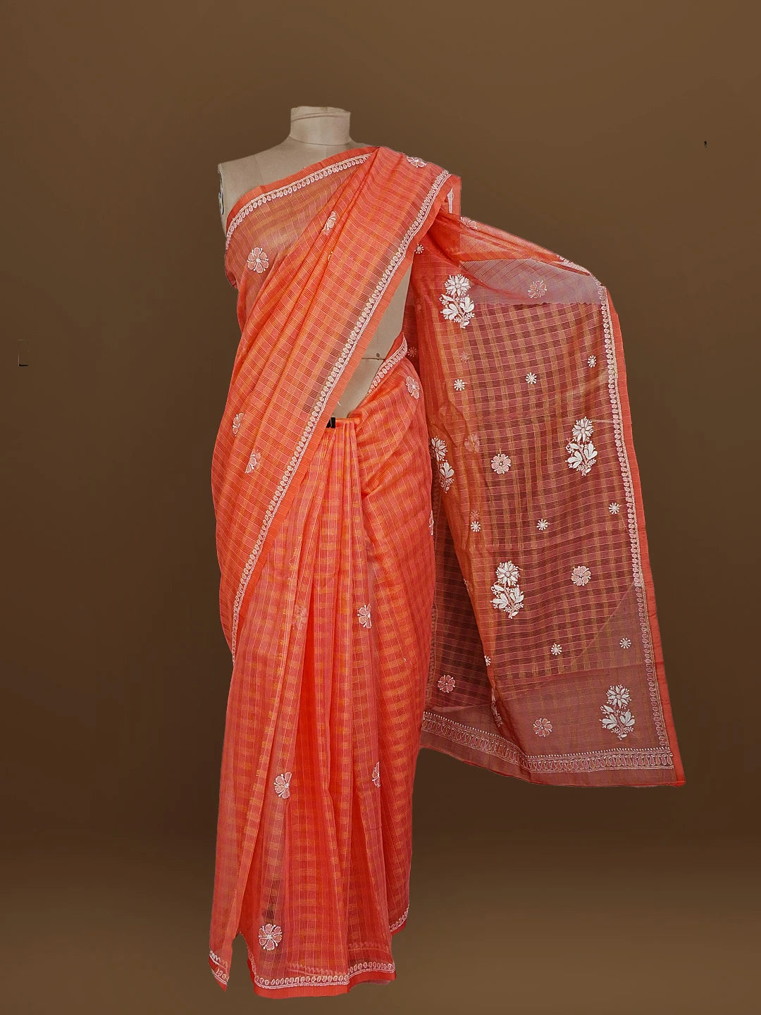 Ada Hand Embroidered Peach Pink Super Net Lucknowi Chikankari Saree With Blouse 01A572014