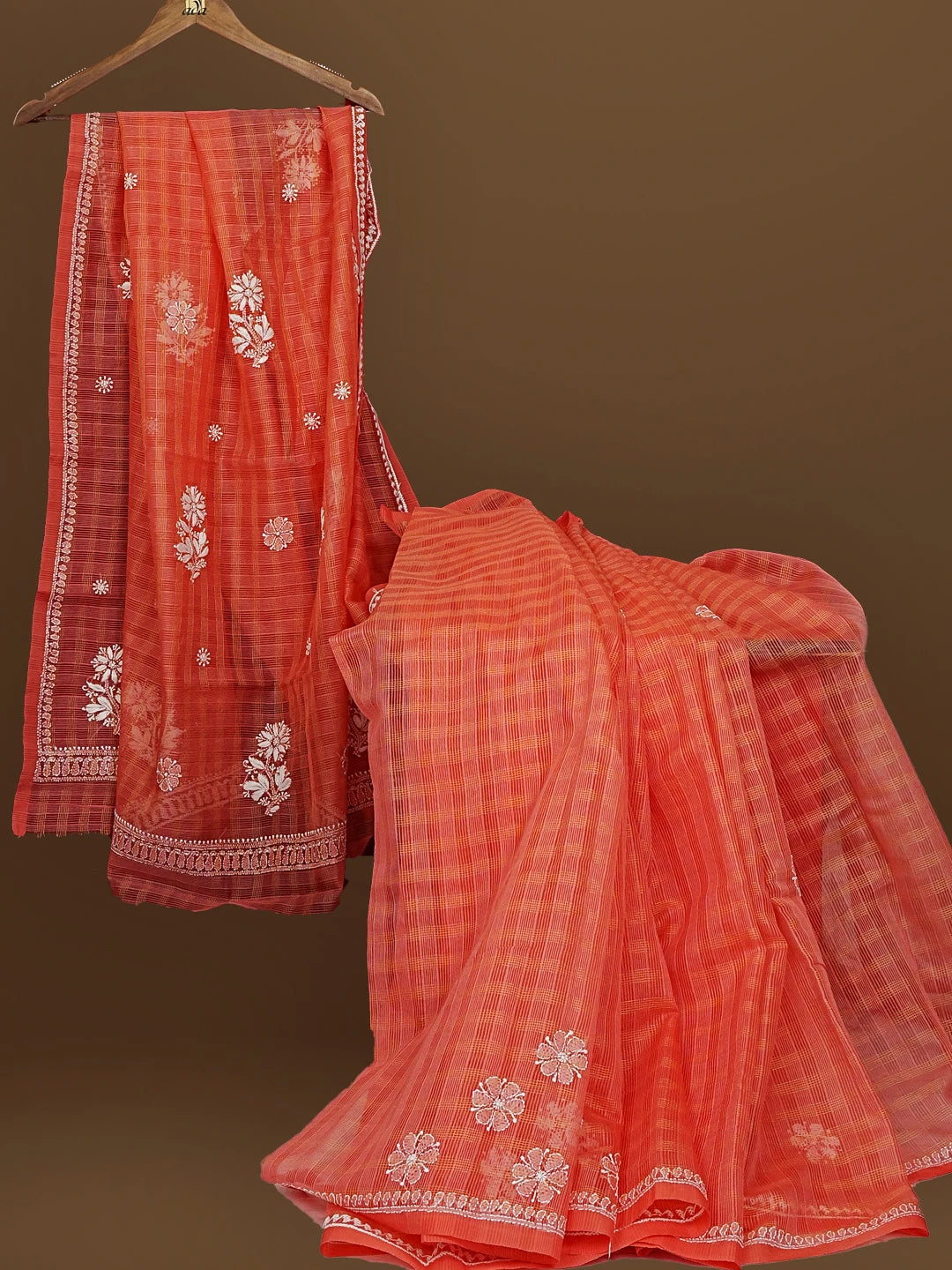 Ada Hand Embroidered Peach Pink Super Net Lucknowi Chikankari Saree With Blouse 01A572014