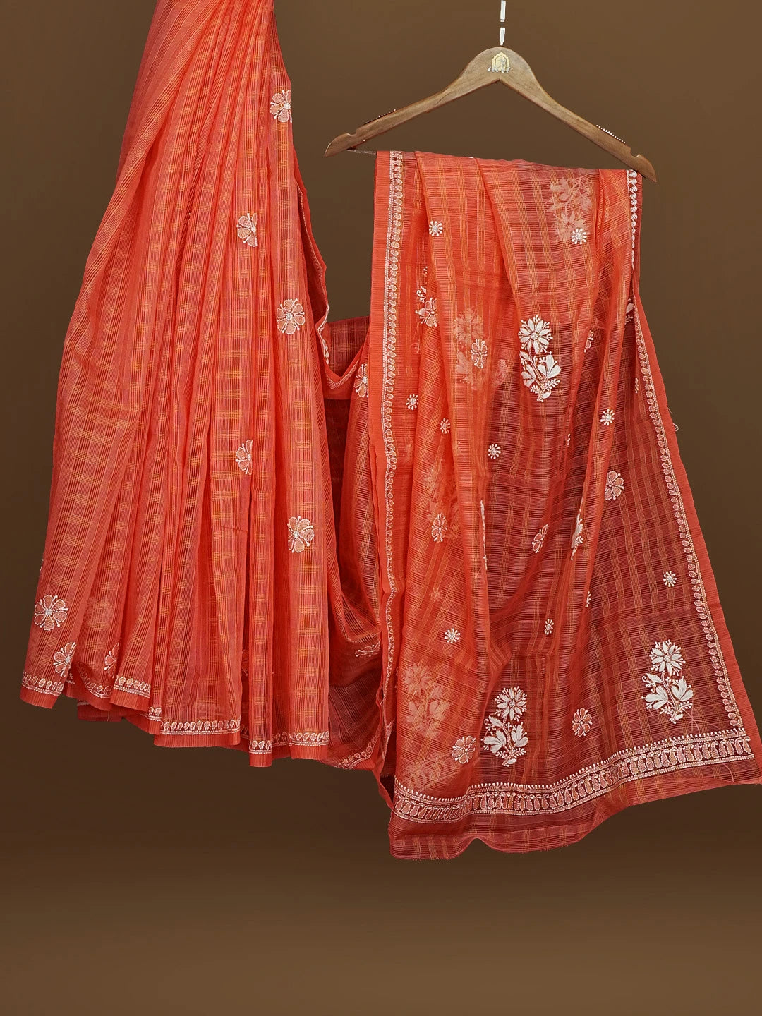 Ada Hand Embroidered Peach Pink Super Net Lucknowi Chikankari Saree With Blouse 01A572014
