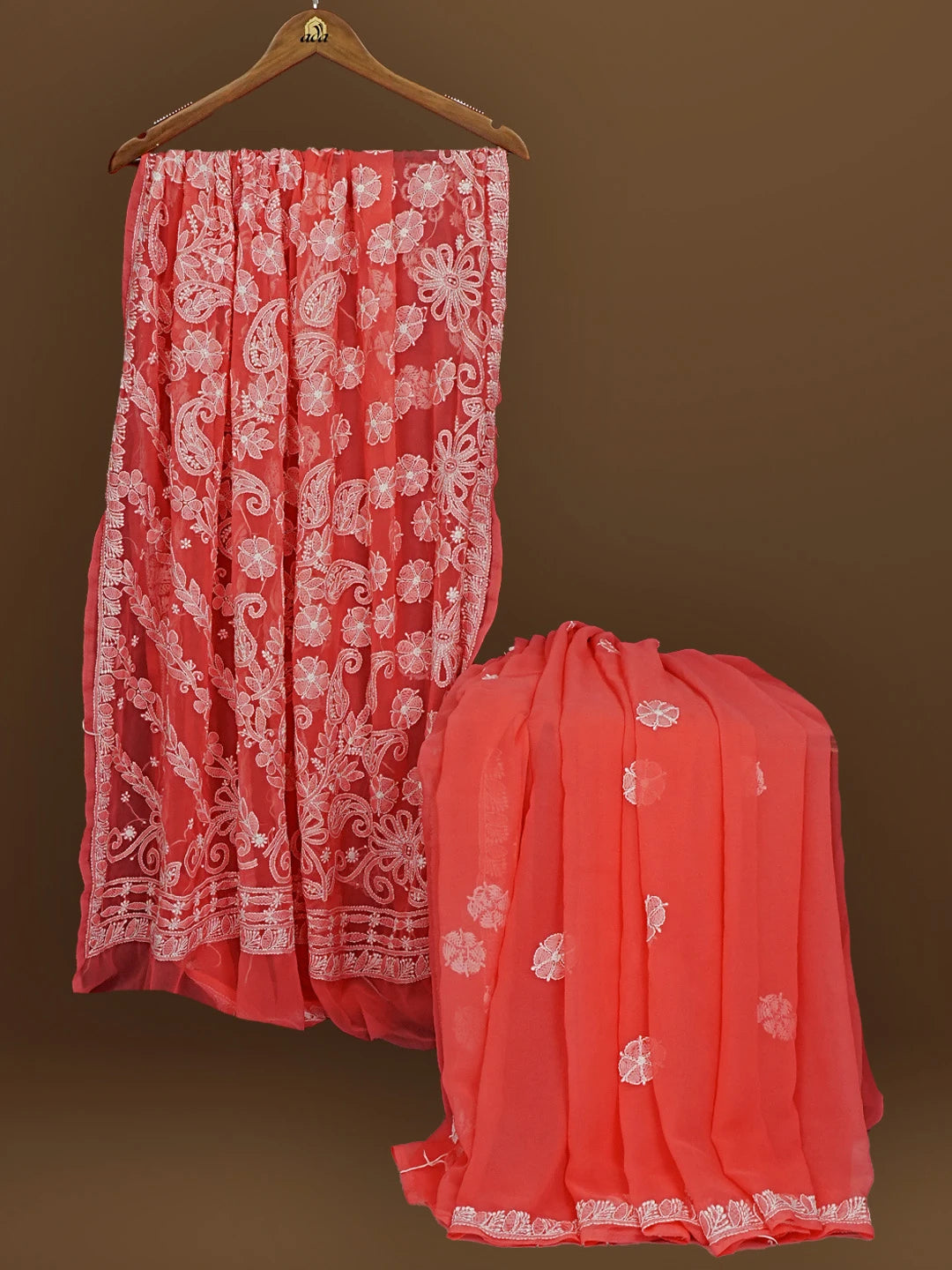 Ada Hand Embroidered Carrot Pink Georgette Lucknowi Chikankari Saree With Blouse 01A571956