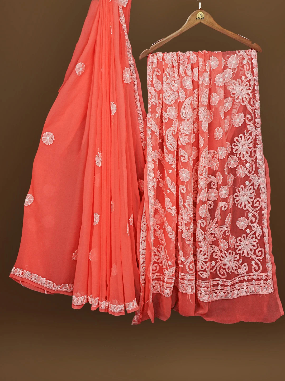 Ada Hand Embroidered Carrot Pink Georgette Lucknowi Chikankari Saree With Blouse 01A571956