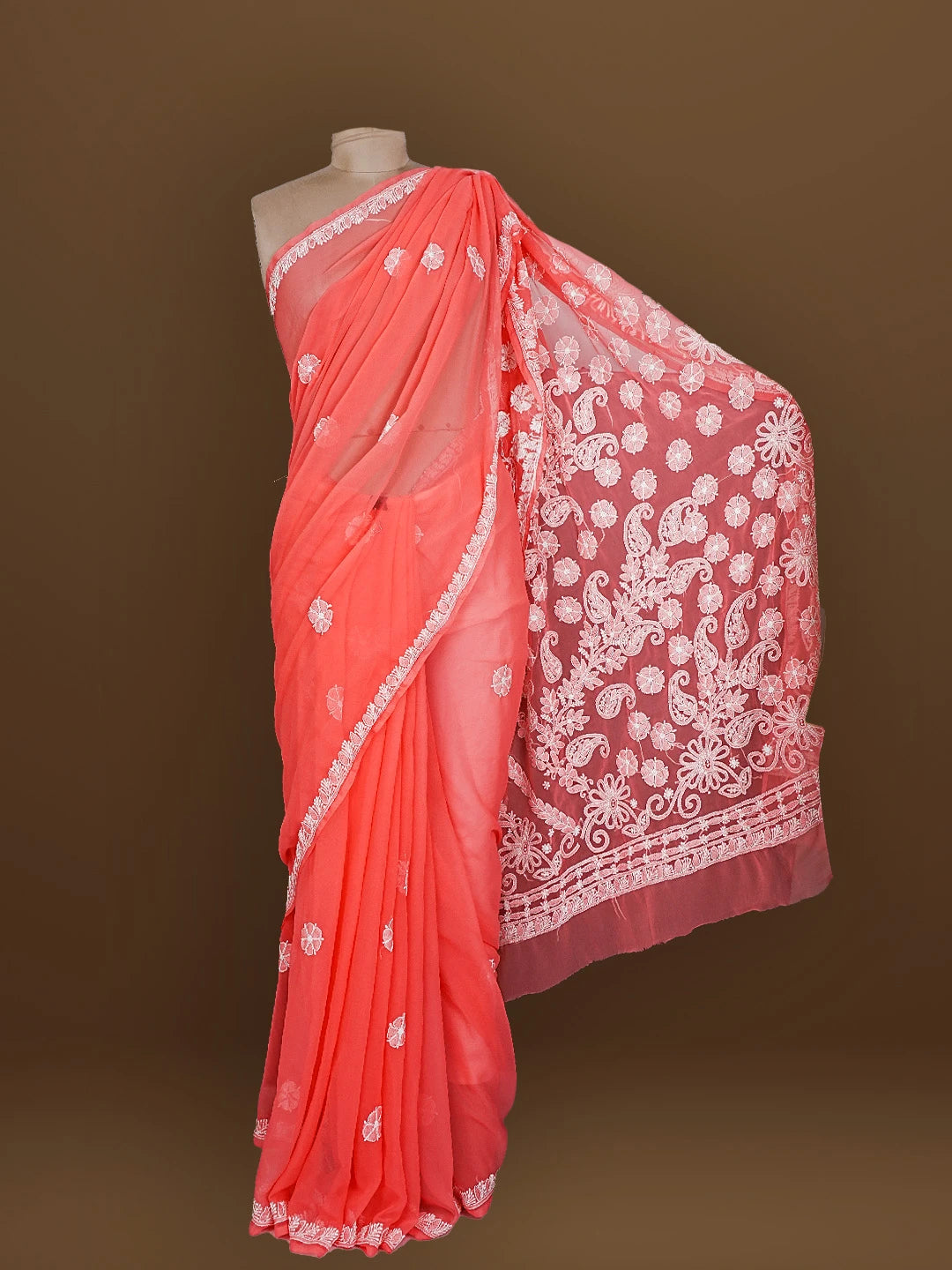 Ada Hand Embroidered Carrot Pink Georgette Lucknowi Chikankari Saree With Blouse 01A571956