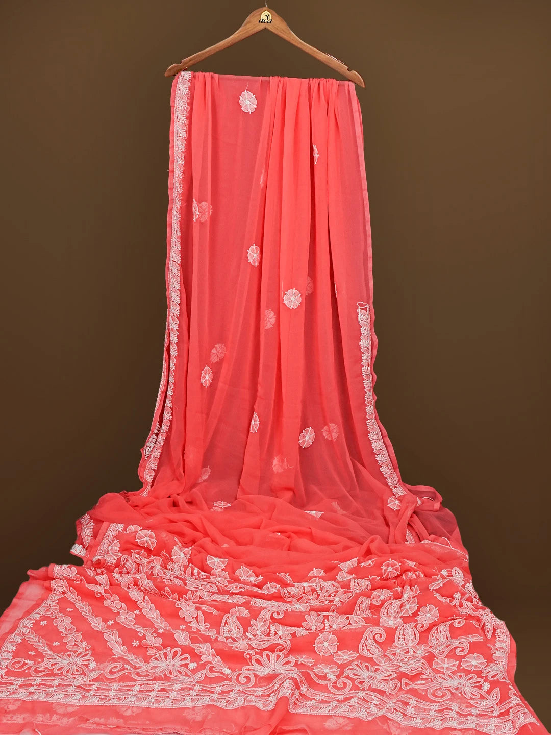 Ada Hand Embroidered Carrot Pink Georgette Lucknowi Chikankari Saree With Blouse 01A571956