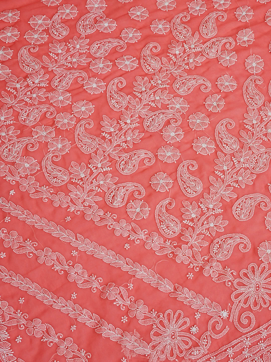 Ada Hand Embroidered Carrot Pink Georgette Lucknowi Chikankari Saree With Blouse 01A571956