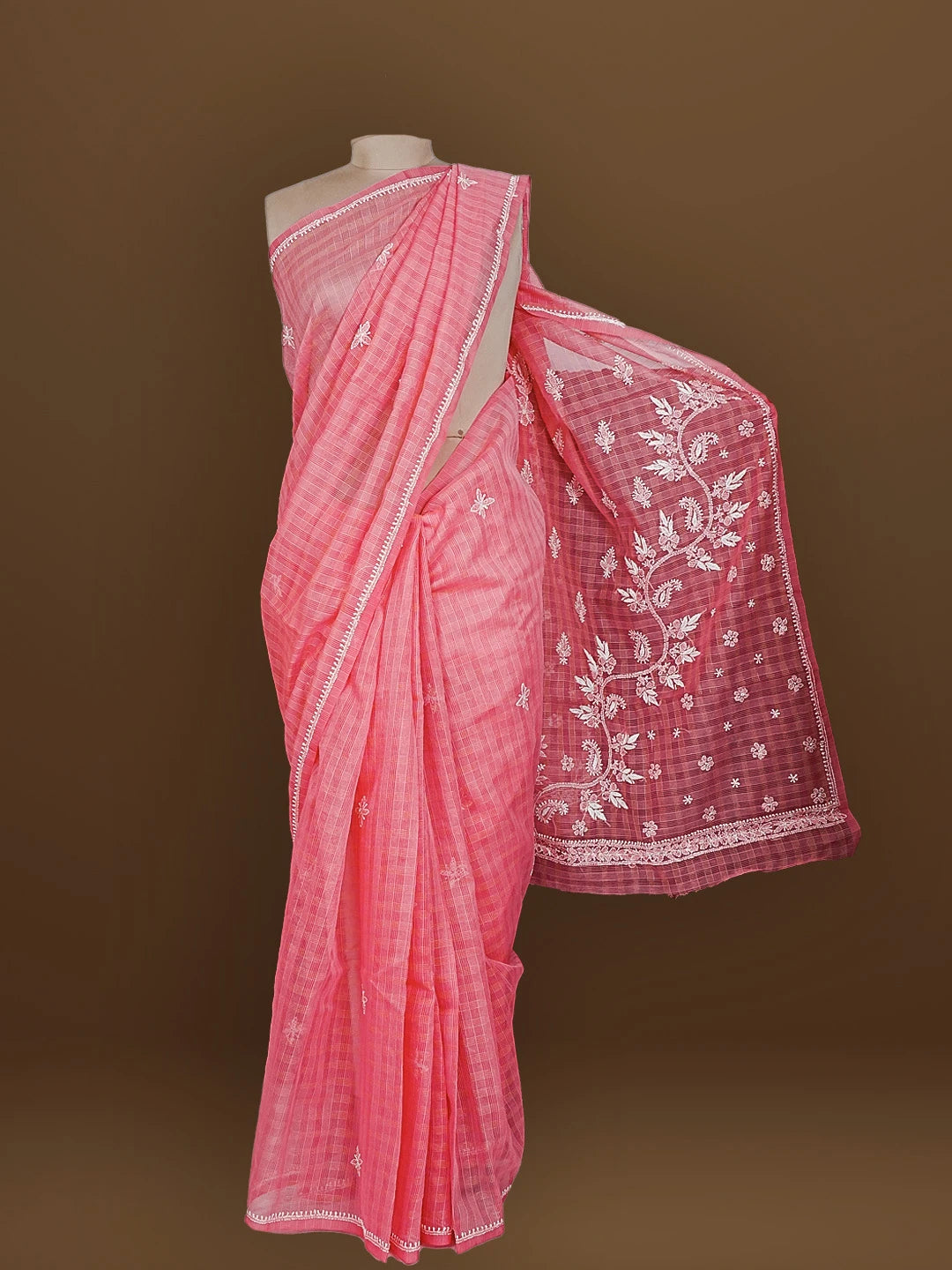 Ada Hand Embroidered Pink Super Net Lucknowi Chikankari Saree With Blouse 01A572007