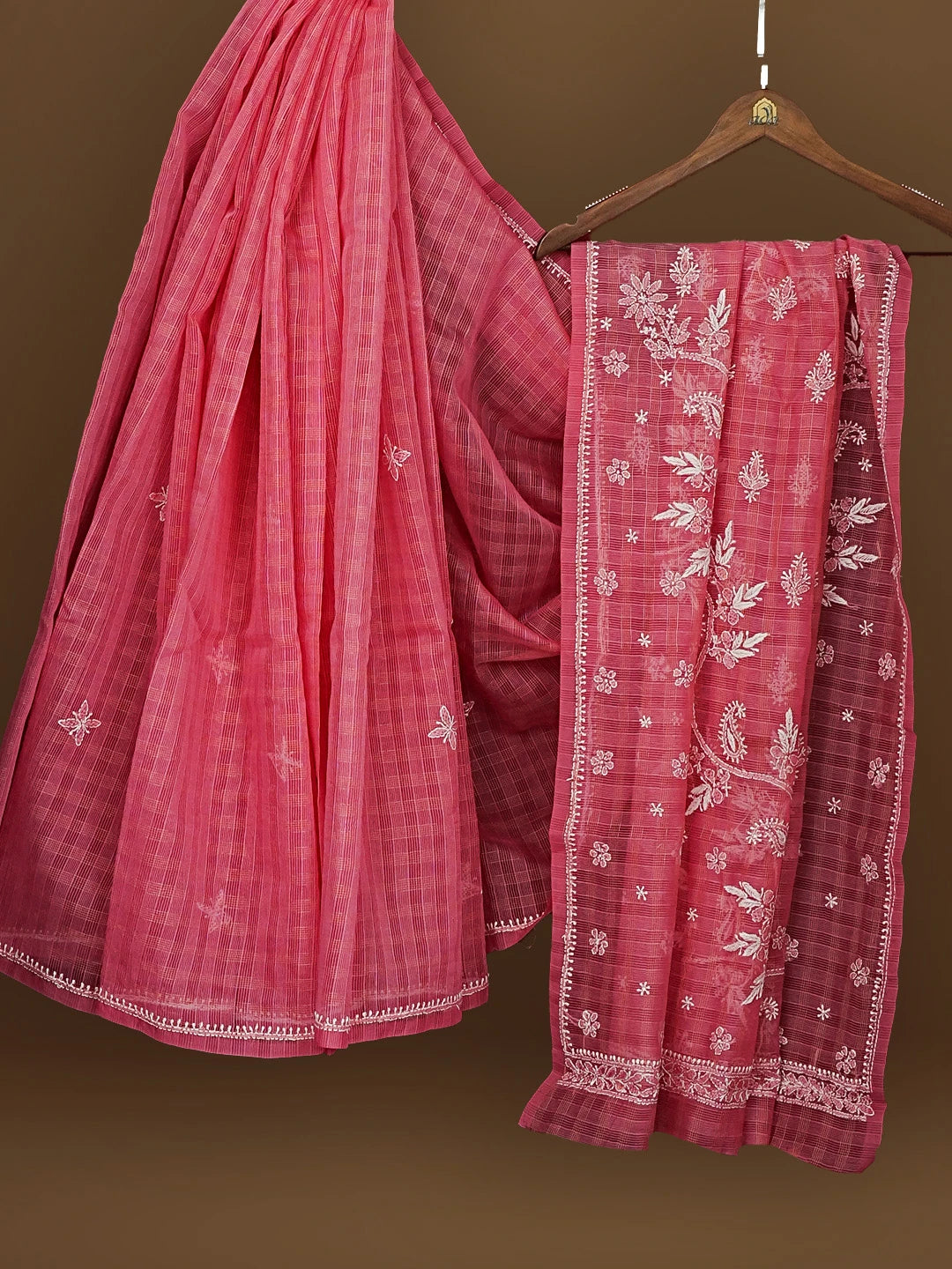 Ada Hand Embroidered Pink Super Net Lucknowi Chikankari Saree With Blouse 01A572007