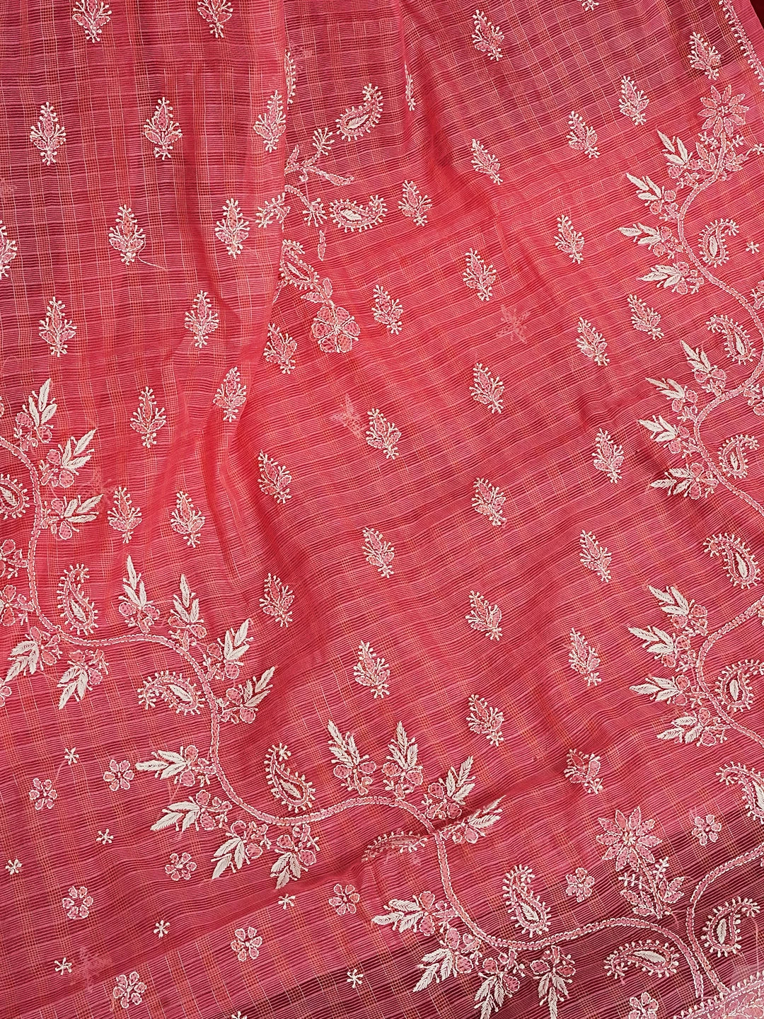Ada Hand Embroidered Pink Super Net Lucknowi Chikankari Saree With Blouse 01A572007