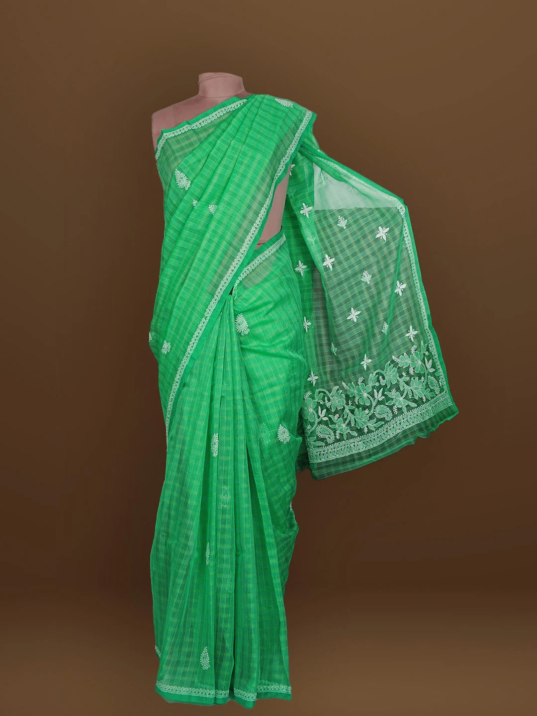 Ada Hand Embroidered Green Super Net Lucknowi Chikankari Saree With Blouse 01A571997