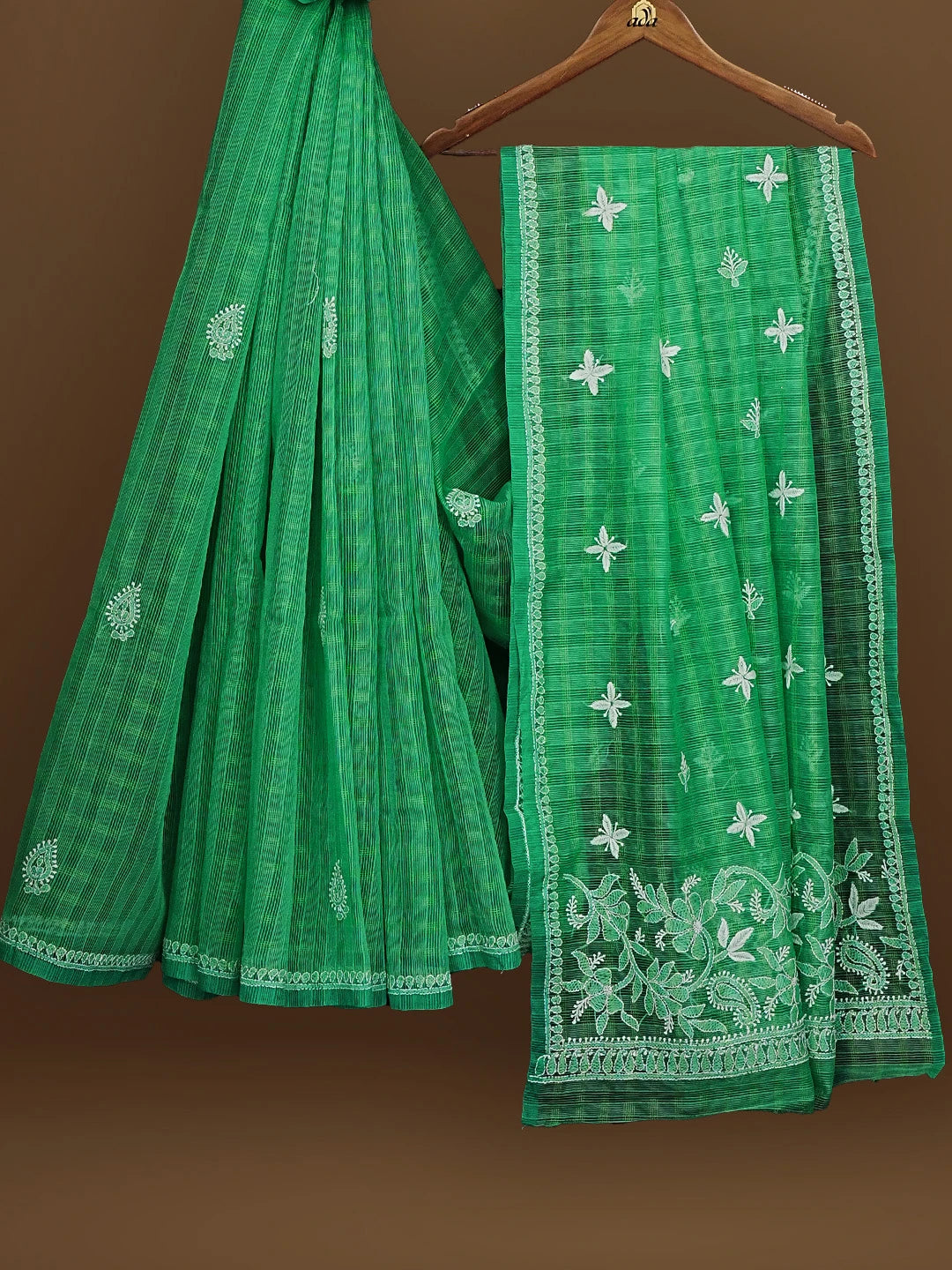 Ada Hand Embroidered Green Super Net Lucknowi Chikankari Saree With Blouse 01A571997