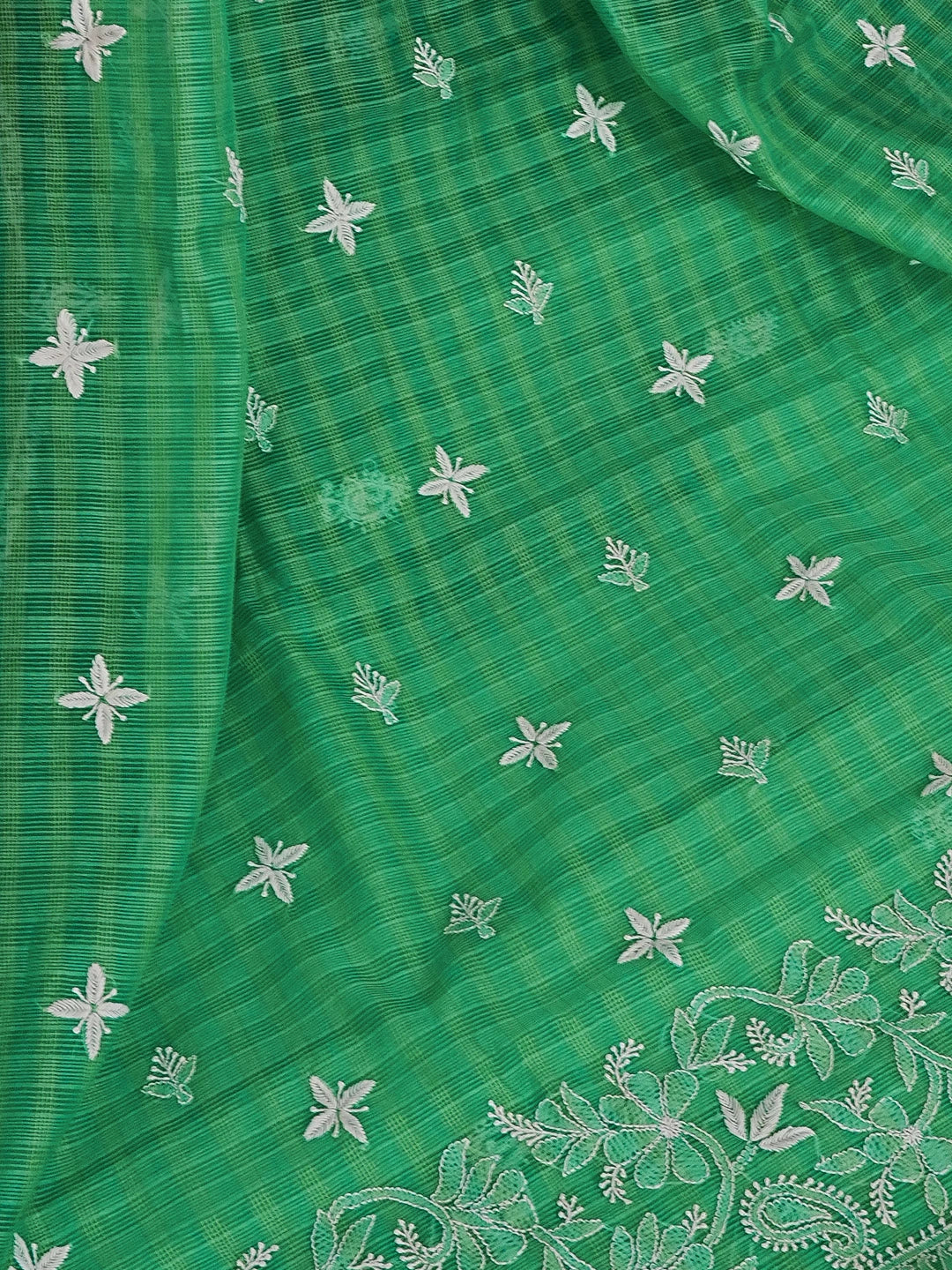 Ada Hand Embroidered Green Super Net Lucknowi Chikankari Saree With Blouse 01A571997