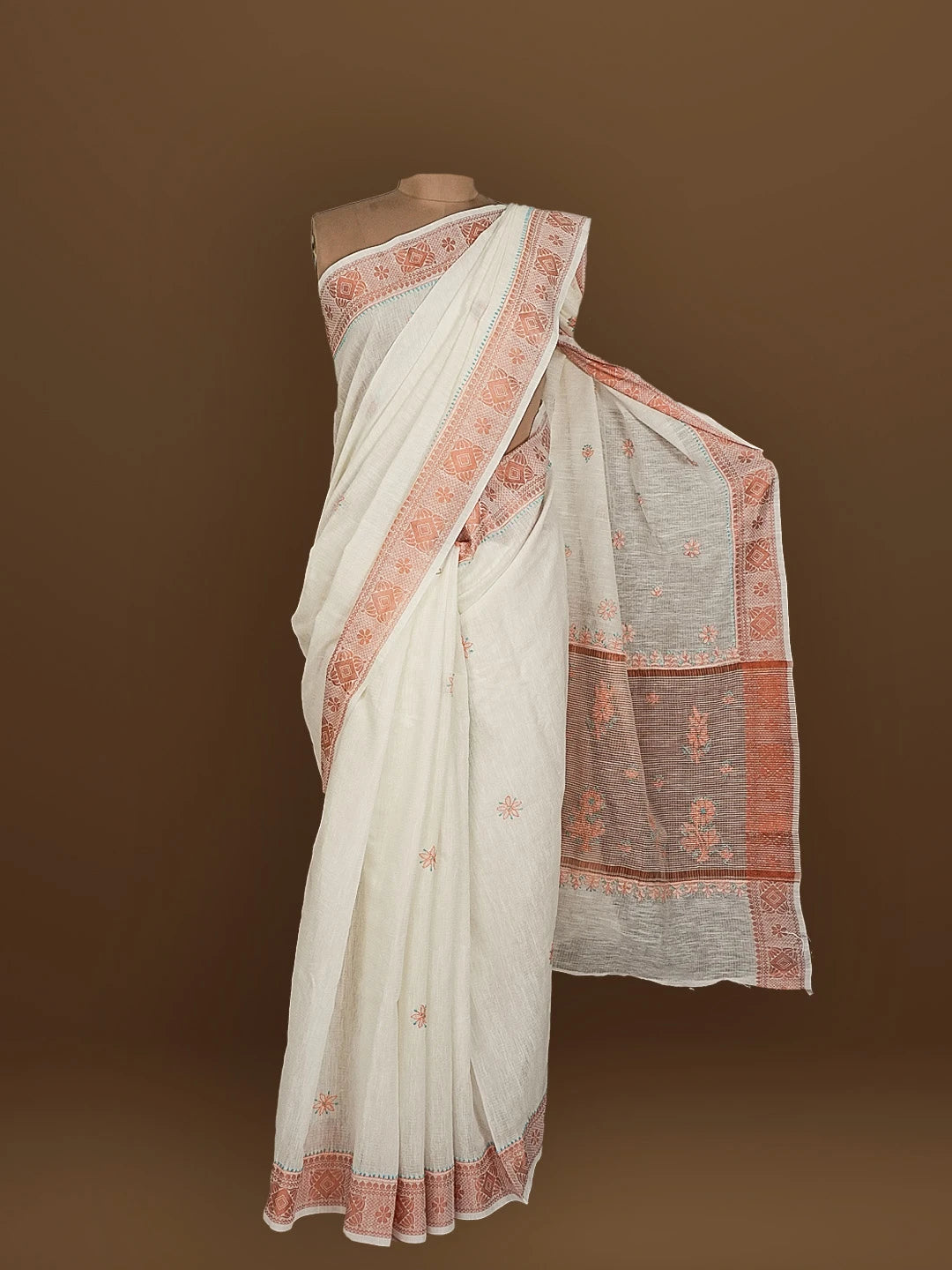 Ada Hand Embroidered White Chanderi Lucknowi Chikankari Saree With Blouse 01A572062