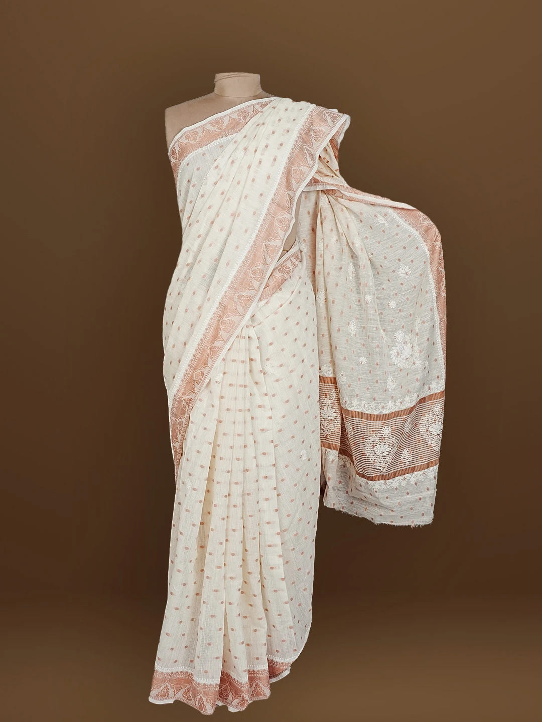 Ada Hand Embroidered White Chanderi Lucknowi Chikankari Saree With Blouse 01A572059