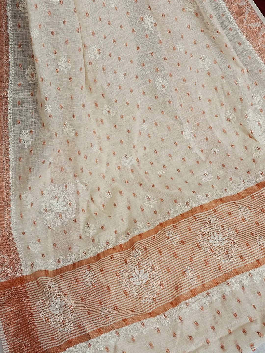 Ada Hand Embroidered White Chanderi Lucknowi Chikankari Saree With Blouse 01A572059