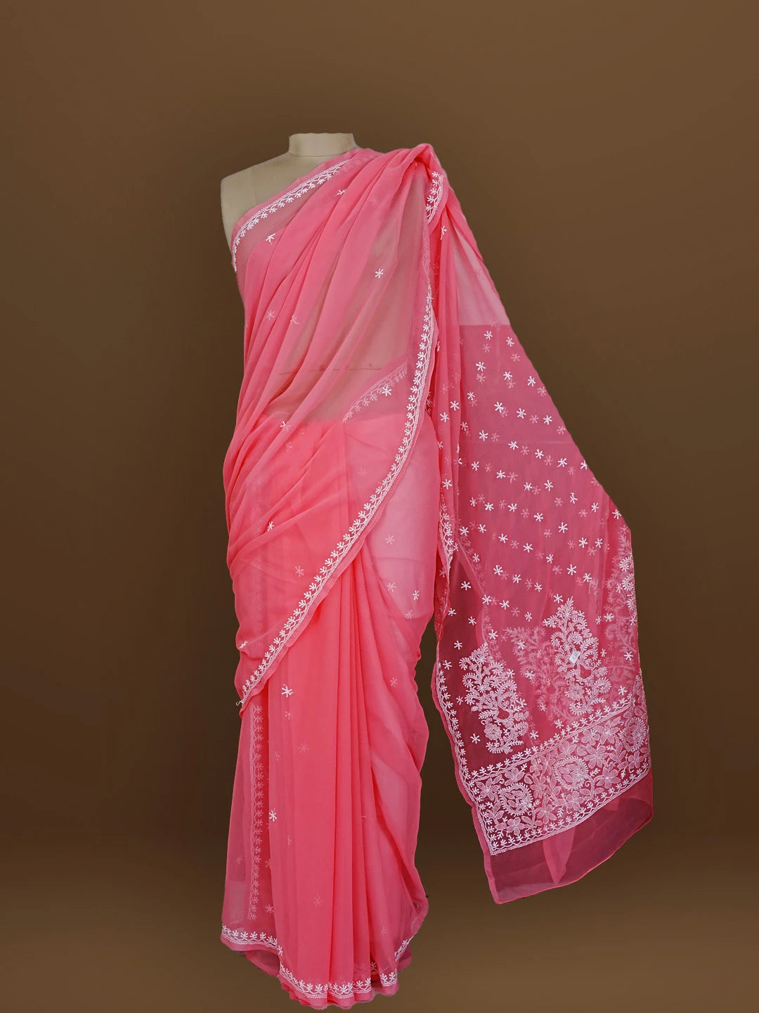 Ada Hand Embroidered Pink Georgette Lucknowi Chikankari Saree With Blouse 01A572479