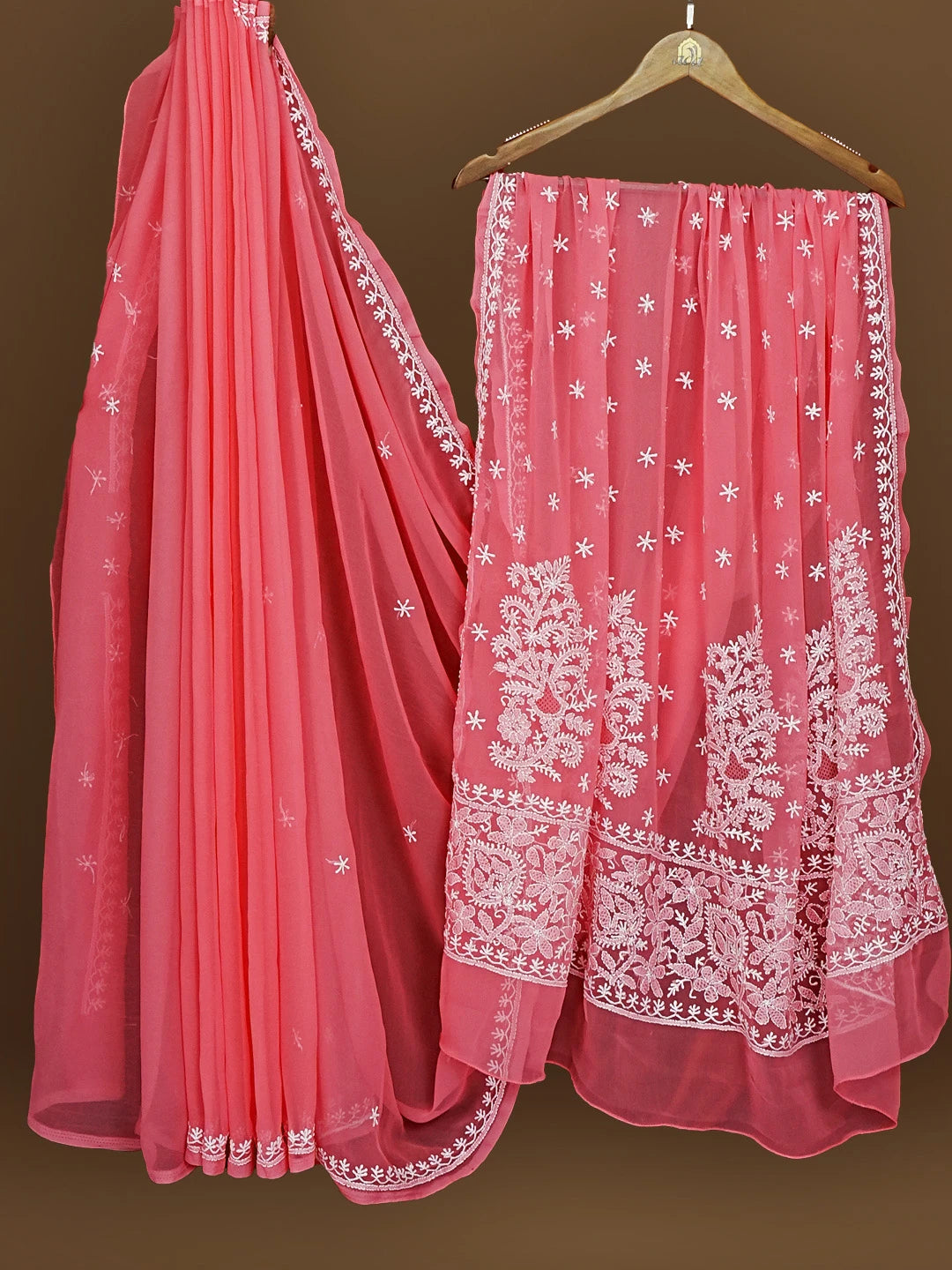 Ada Hand Embroidered Pink Georgette Lucknowi Chikankari Saree With Blouse 01A572479