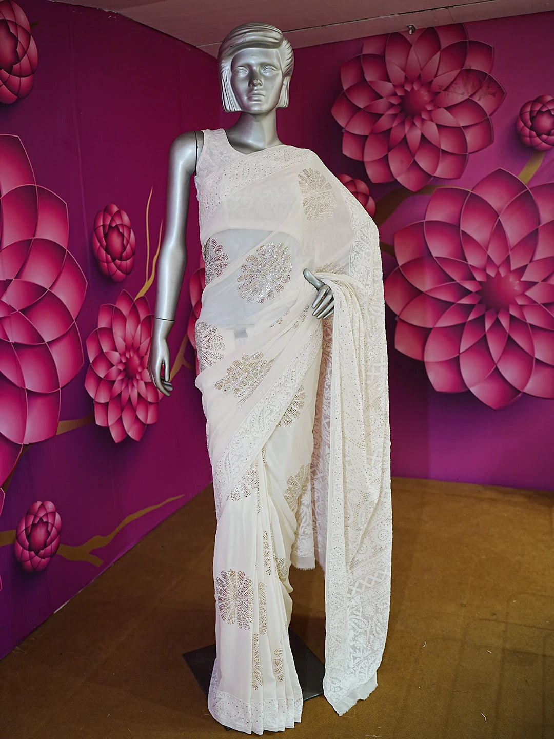 Ada Hand Embroidered Off White Pure Georgette Lucknowi Chikankari Saree/Blouse With Muqaish Work 01A523880
