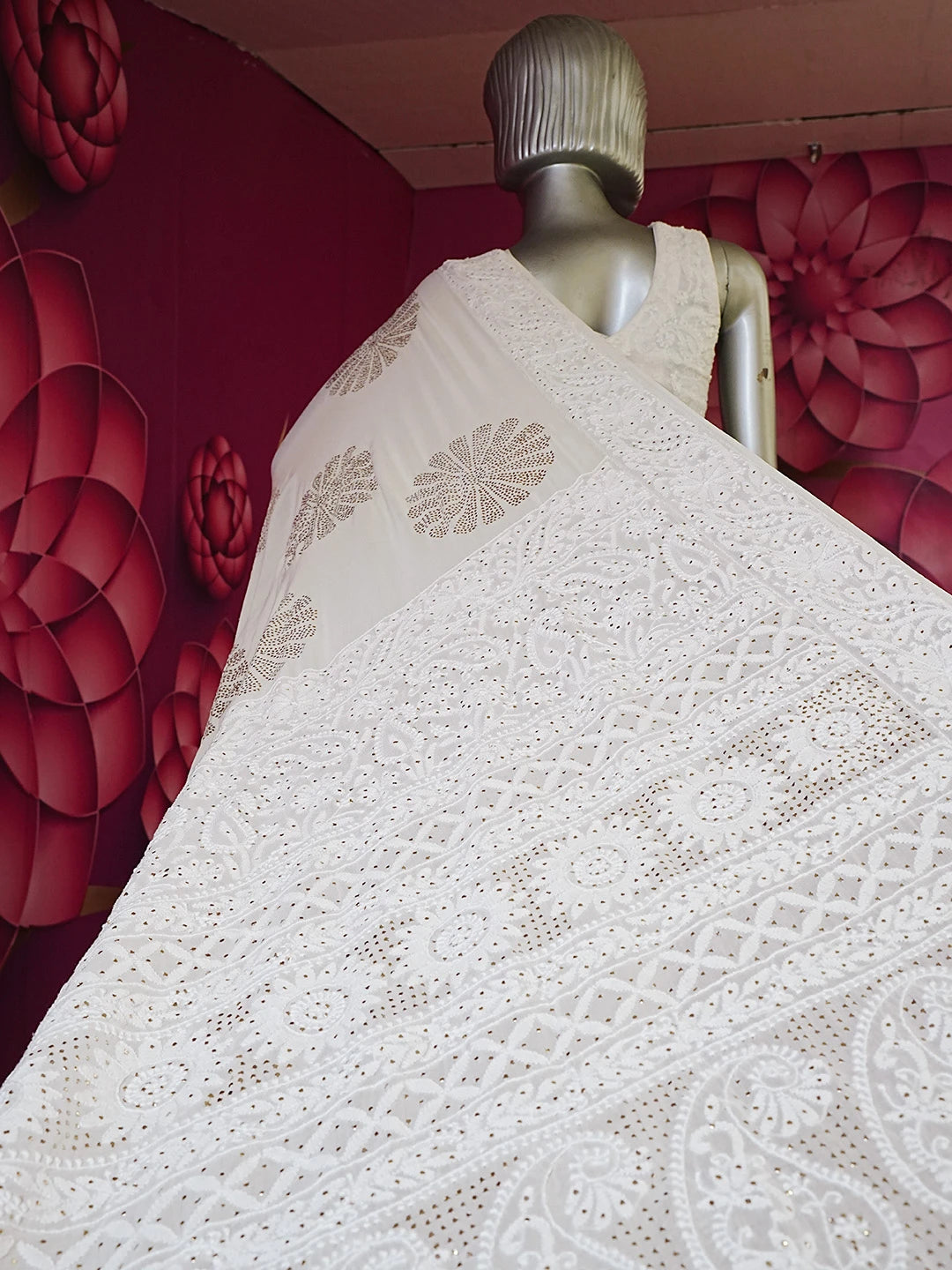 Ada Hand Embroidered Off White Pure Georgette Lucknowi Chikankari Saree/Blouse With Muqaish Work 01A523880