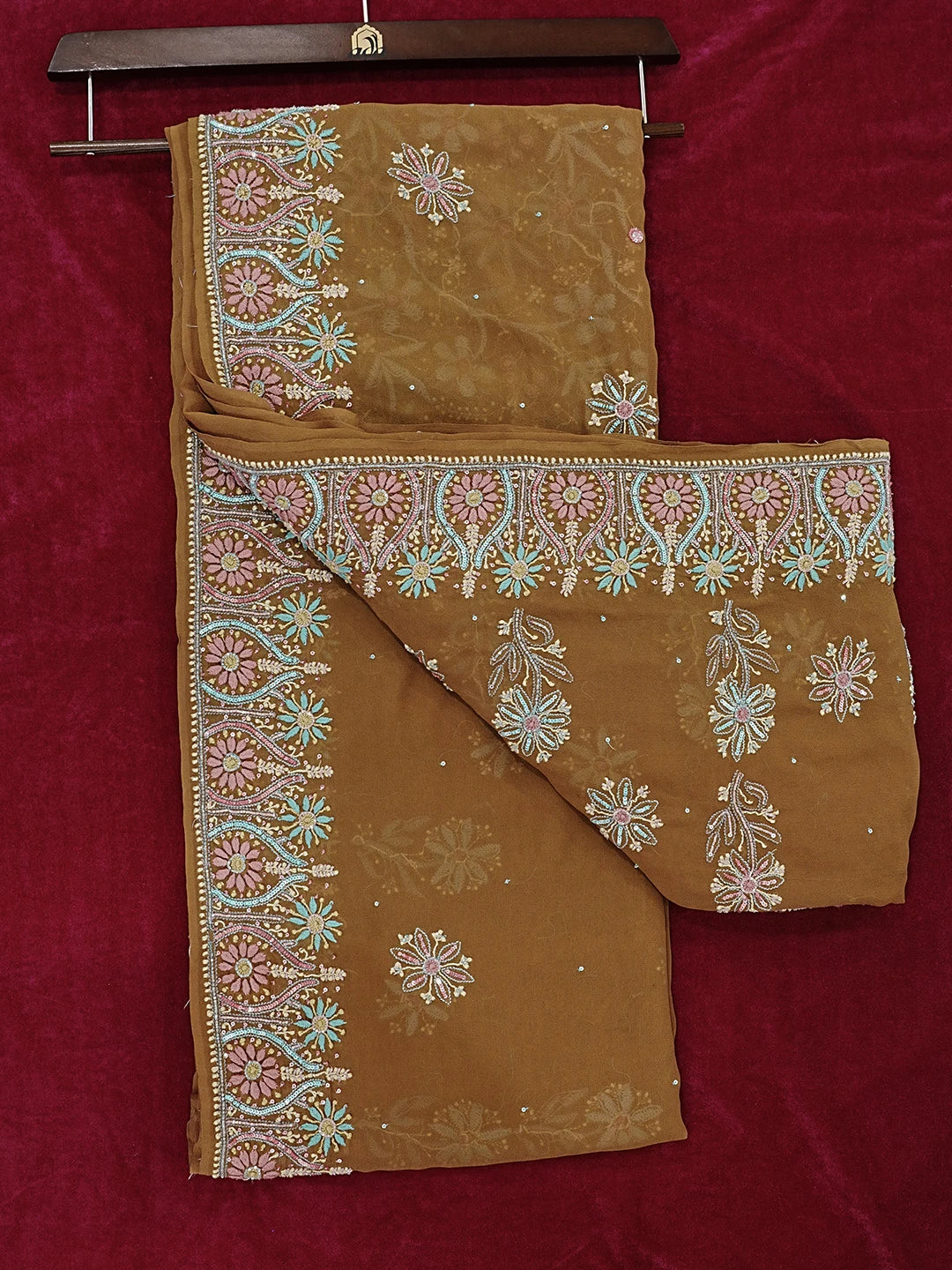 Ada Hand Embroidered Brown Pure Georgette Lucknowi Chikankari Saree/Blouse With Cutdana and Sequinned Work 01A330770