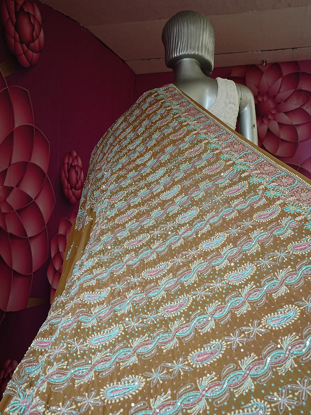 Ada Hand Embroidered Brown Pure Georgette Lucknowi Chikankari Saree/Blouse With Cutdana and Sequinned Work 01A330770