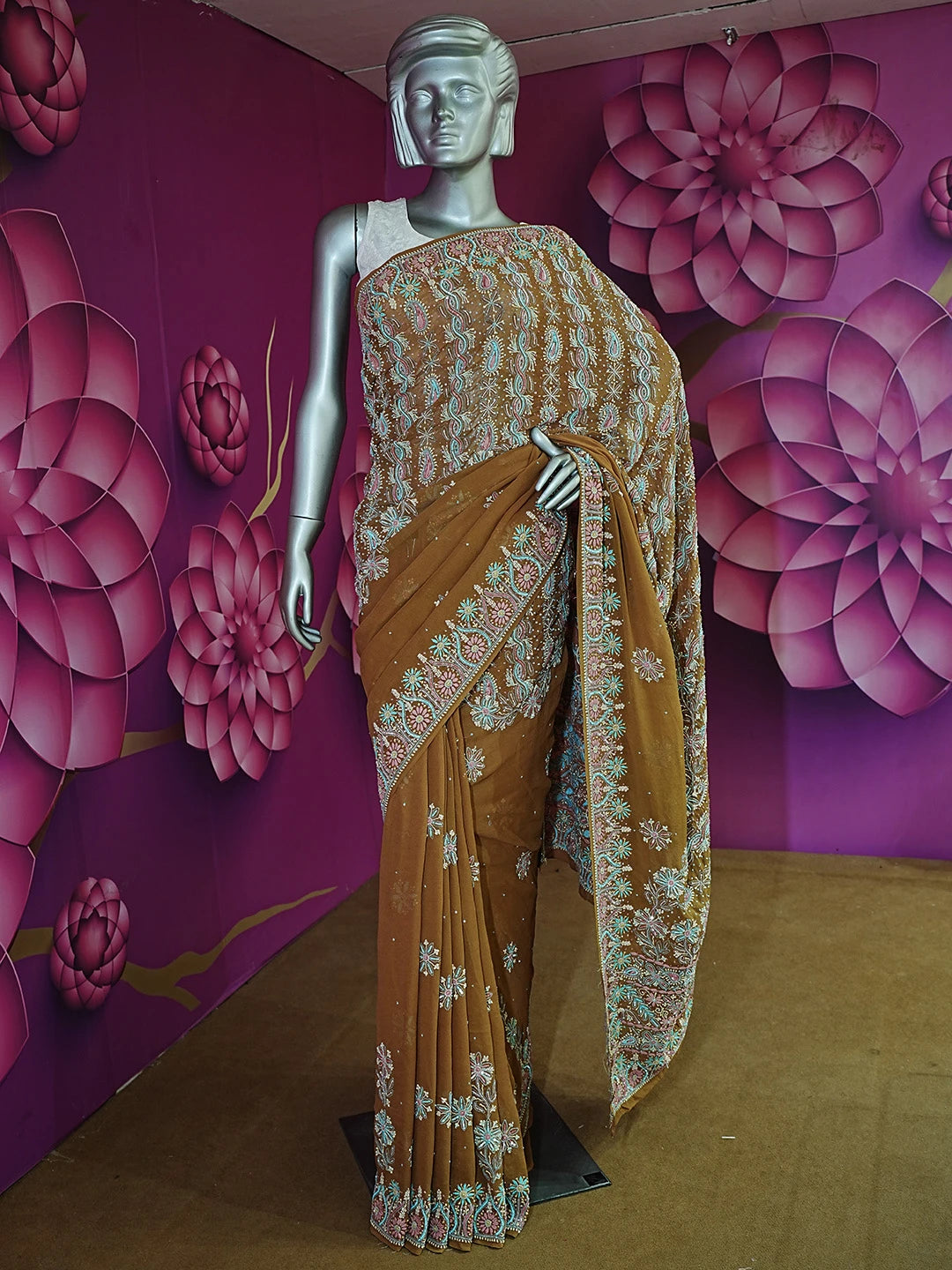 Ada Hand Embroidered Brown Pure Georgette Lucknowi Chikankari Saree/Blouse With Cutdana and Sequinned Work 01A330770