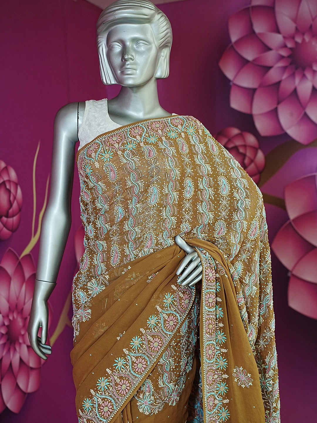 Ada Hand Embroidered Brown Pure Georgette Lucknowi Chikankari Saree/Blouse With Cutdana and Sequinned Work 01A330770