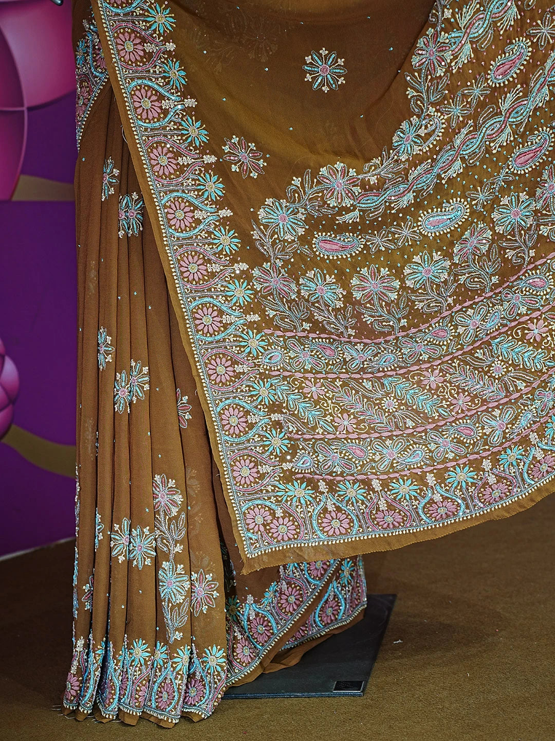 Ada Hand Embroidered Brown Pure Georgette Lucknowi Chikankari Saree/Blouse With Cutdana and Sequinned Work 01A330770