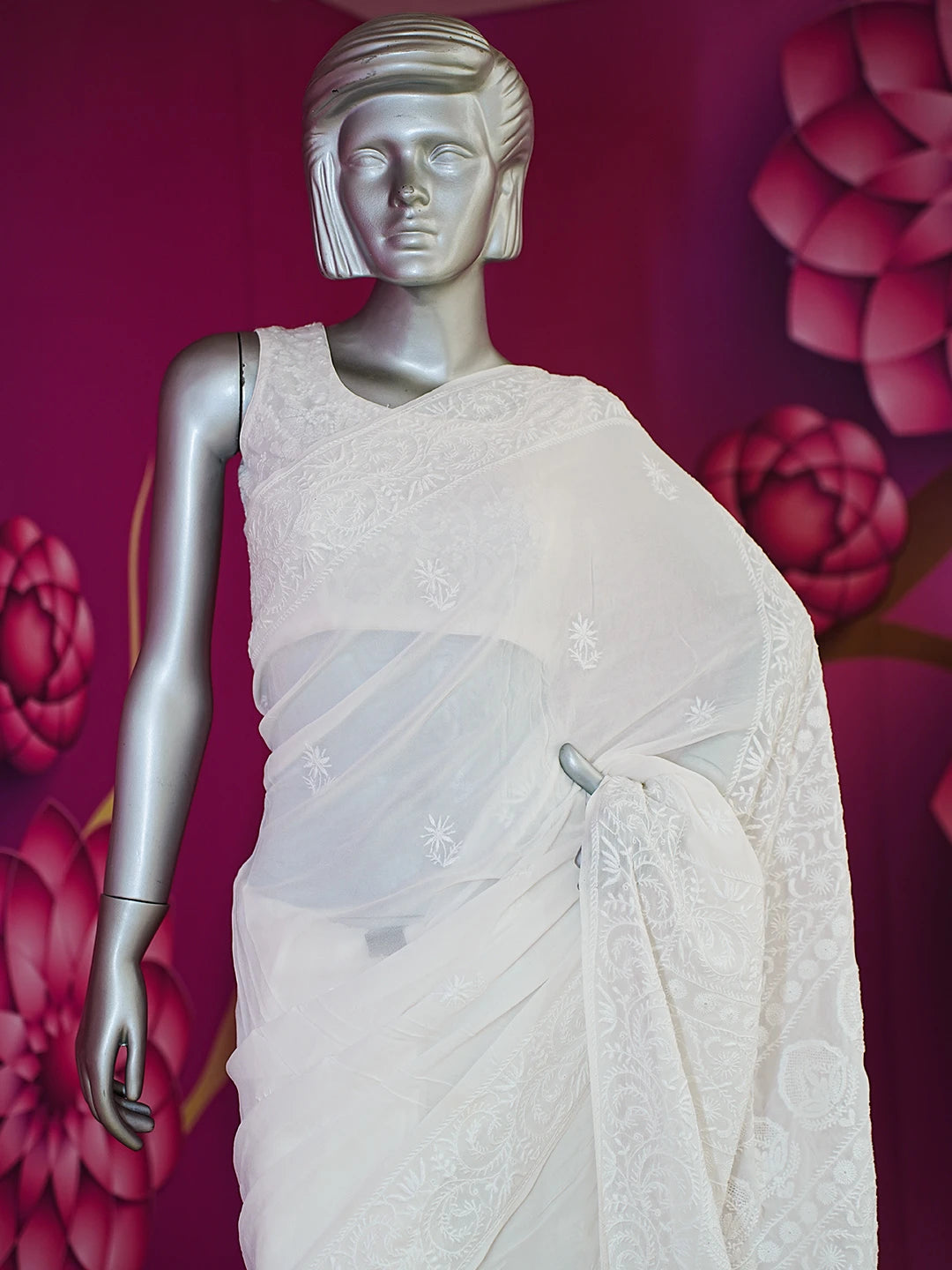 Ada Hand Embroidered Off White Pure Georgette Lucknowi Chikankari Saree With Blouse 01A501609