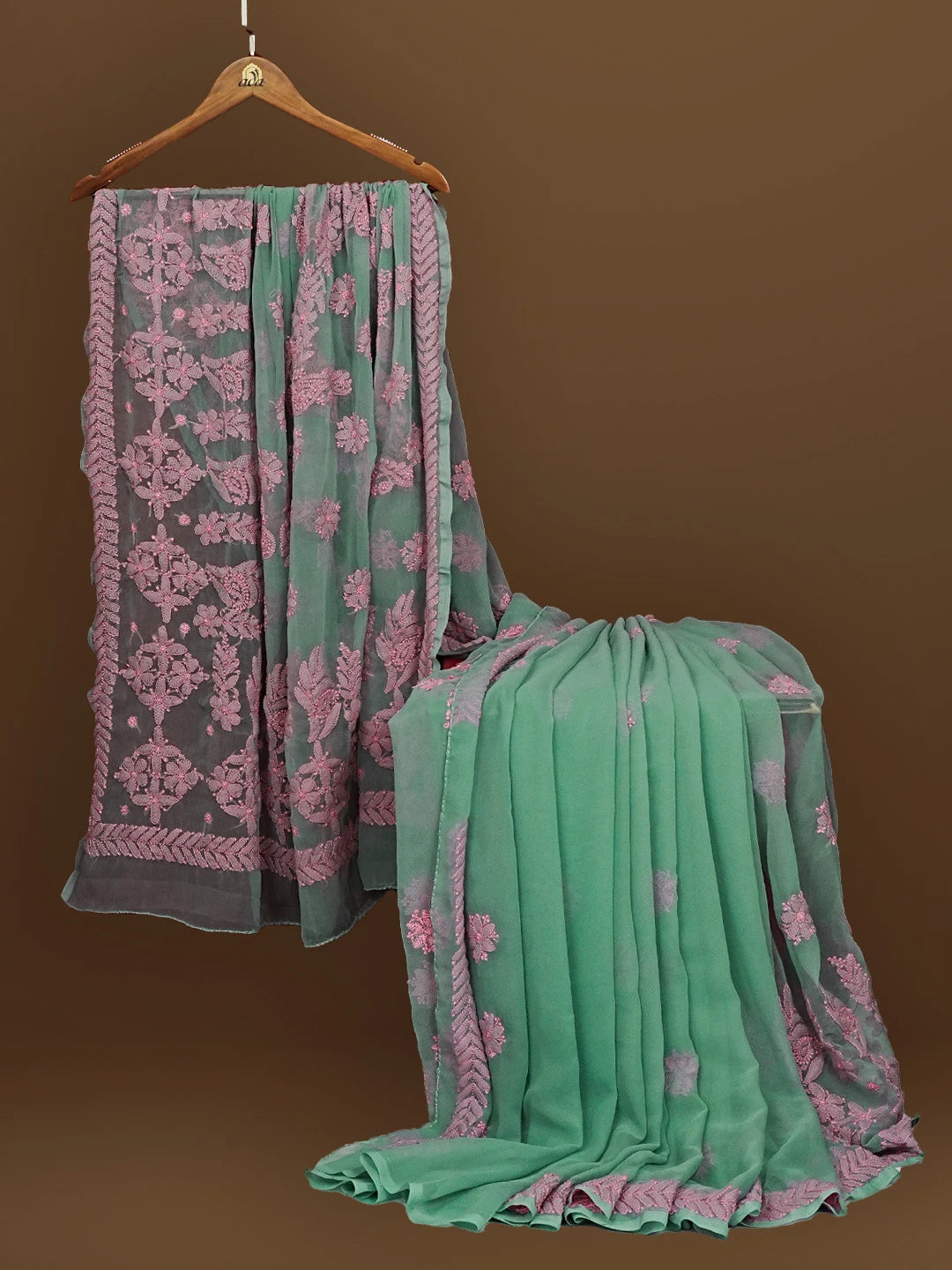 Ada Hand Embroidered Olive Green Georgette Lucknowi Chikankari Saree With Blouse 01A572523