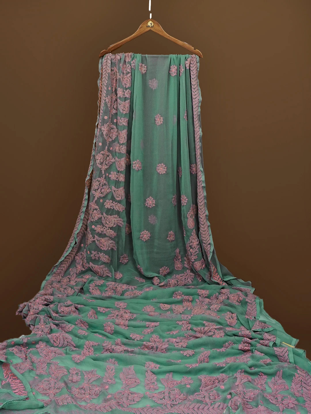 Ada Hand Embroidered Olive Green Georgette Lucknowi Chikankari Saree With Blouse 01A572523