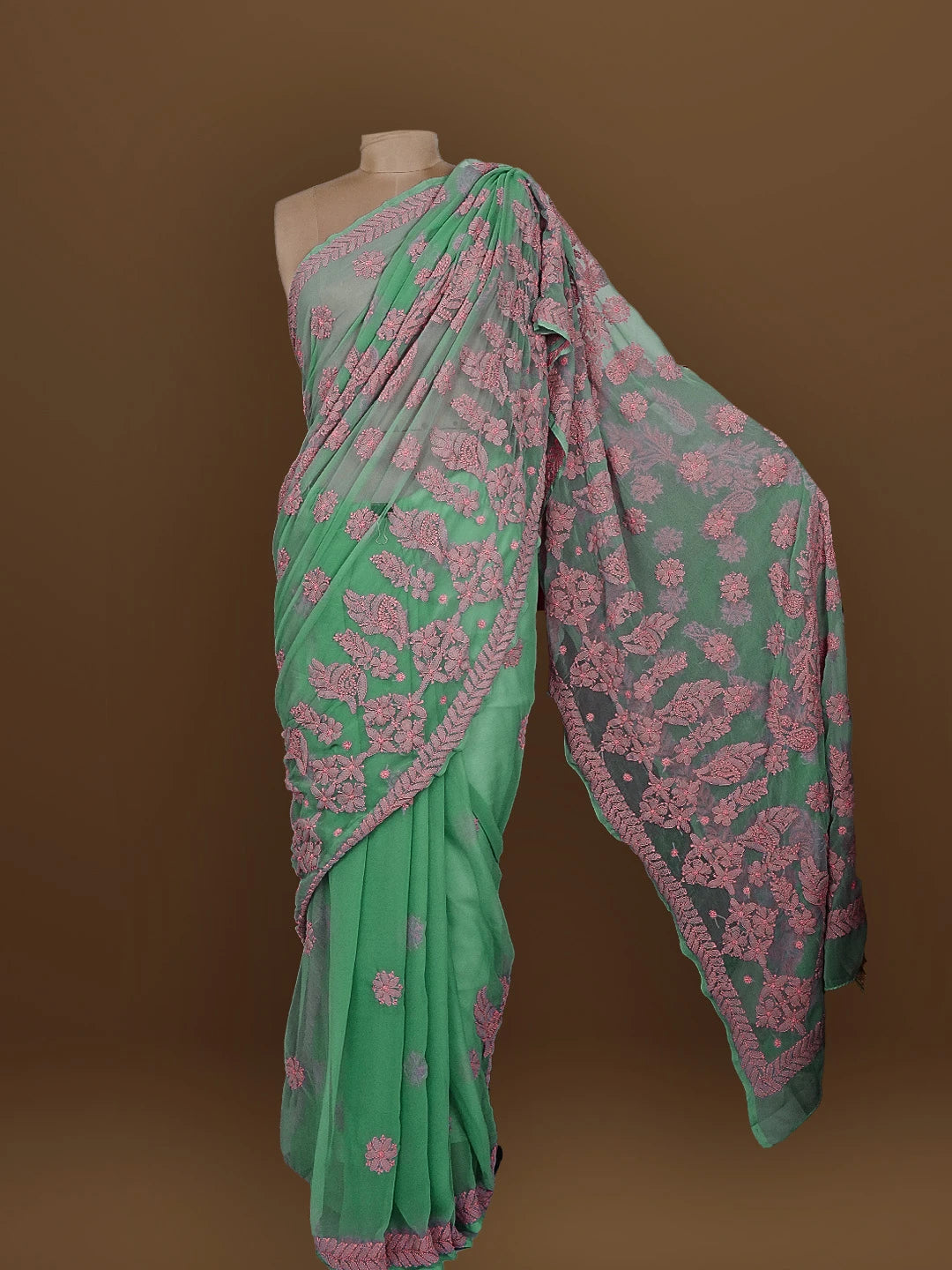 Ada Hand Embroidered Olive Green Georgette Lucknowi Chikankari Saree With Blouse 01A572523