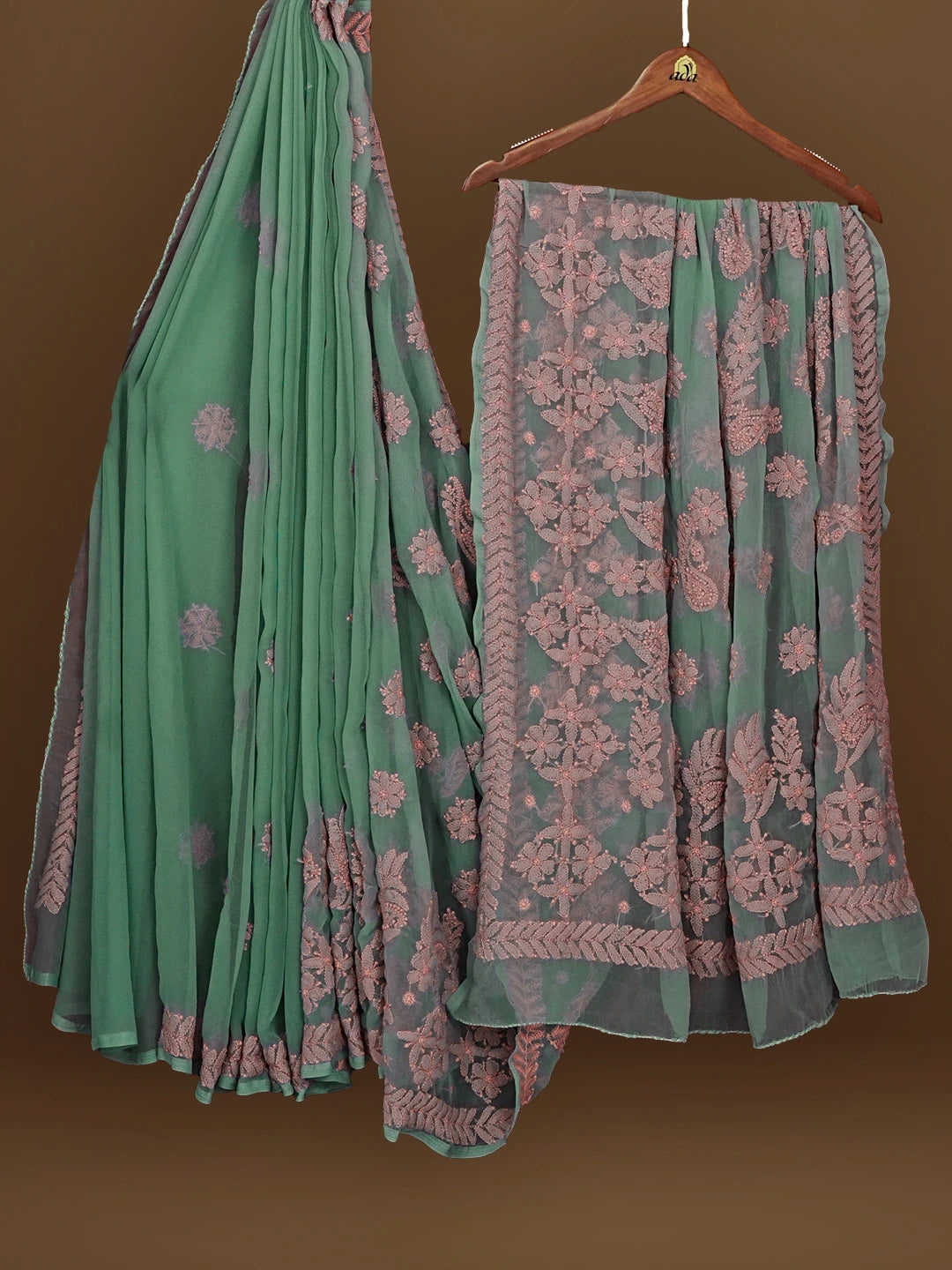 Ada Hand Embroidered Olive Green Georgette Lucknowi Chikankari Saree With Blouse 01A572523