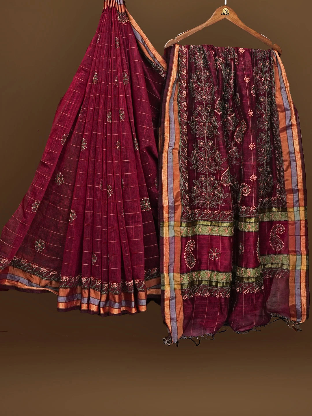 Ada Hand Embroidered Wine Kota Chanderi Lucknowi Chikankari Saree With Blouse 01A572709