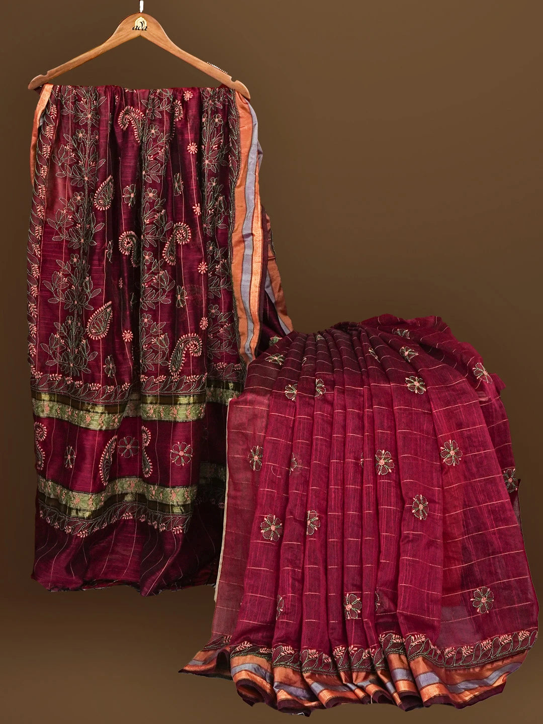 Ada Hand Embroidered Wine Kota Chanderi Lucknowi Chikankari Saree With Blouse 01A572709