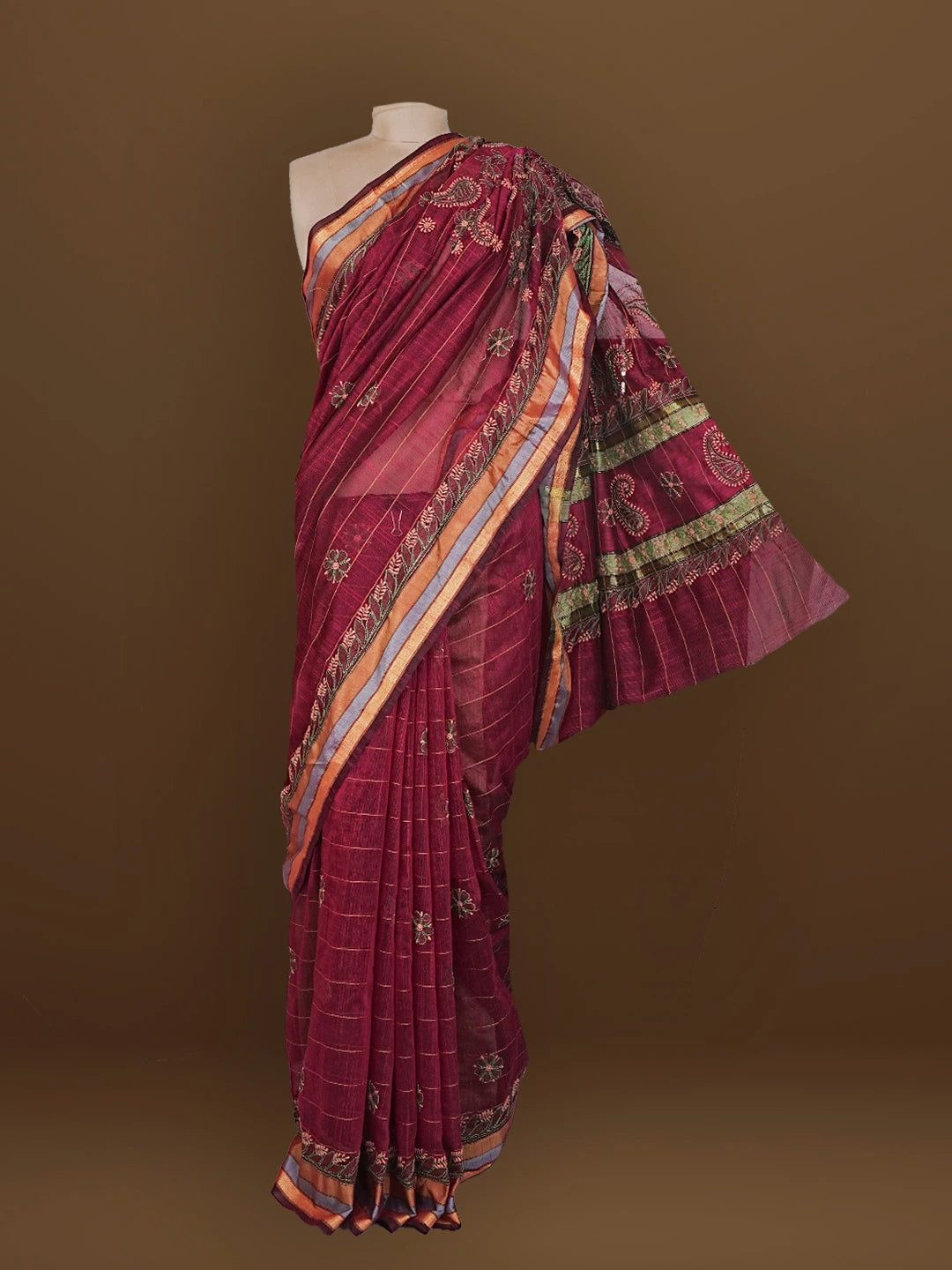 Ada Hand Embroidered Wine Kota Chanderi Lucknowi Chikankari Saree With Blouse 01A572709