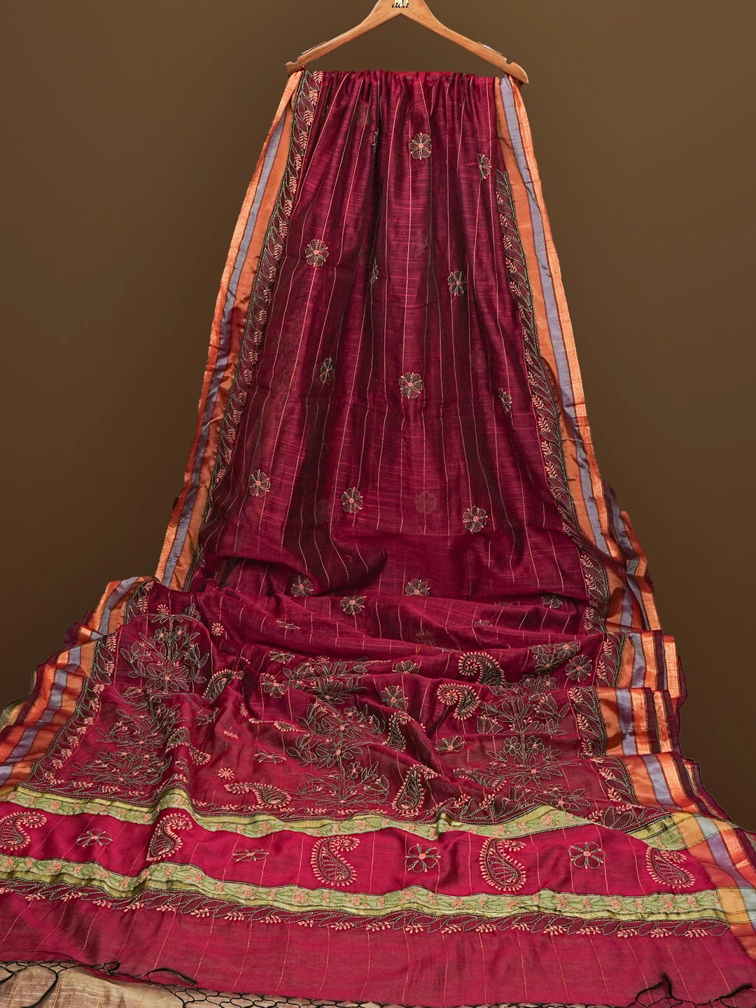 Ada Hand Embroidered Wine Kota Chanderi Lucknowi Chikankari Saree With Blouse 01A572709
