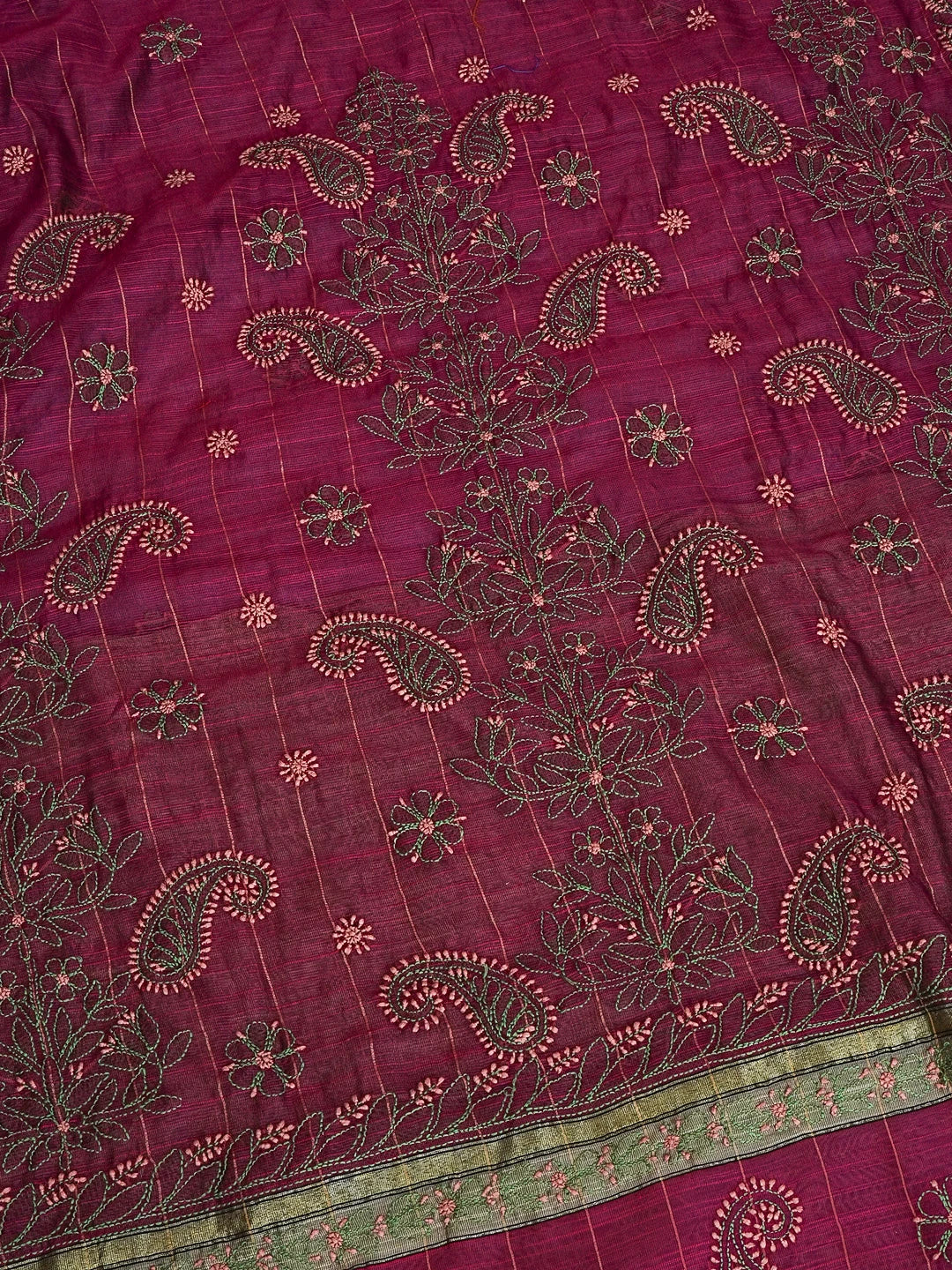 Ada Hand Embroidered Wine Kota Chanderi Lucknowi Chikankari Saree With Blouse 01A572709