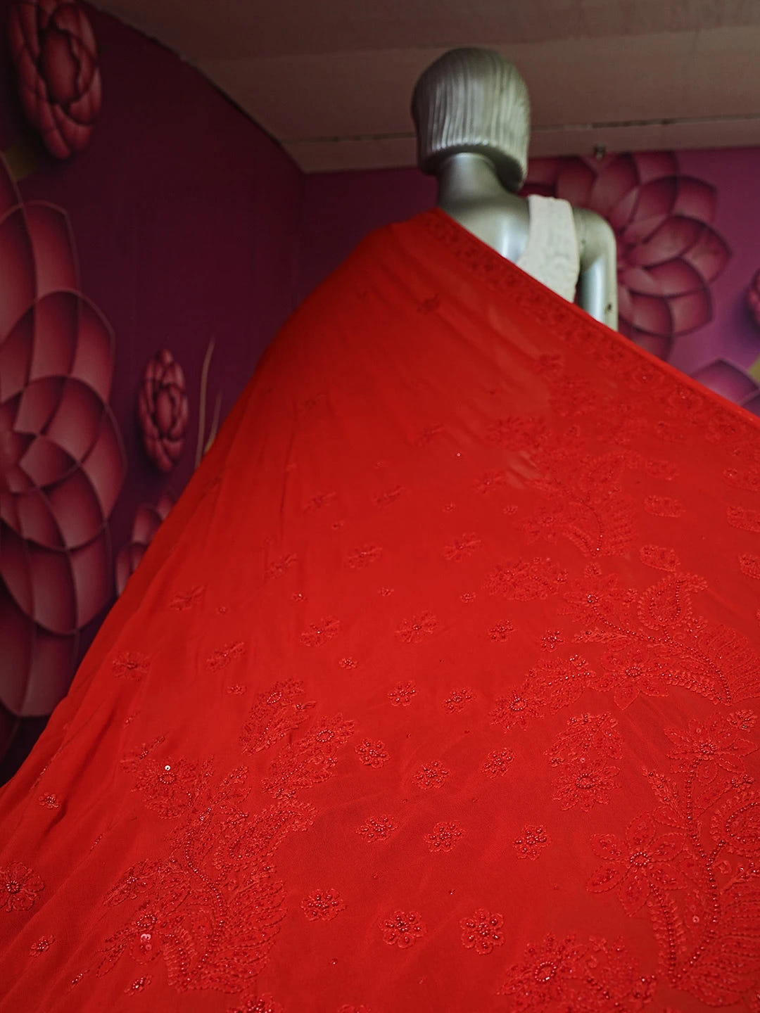 Ada Hand Embroidered Red Viscose Georgette Lucknowi Chikankari Saree With Blouse And Cutdana Work 01A510440