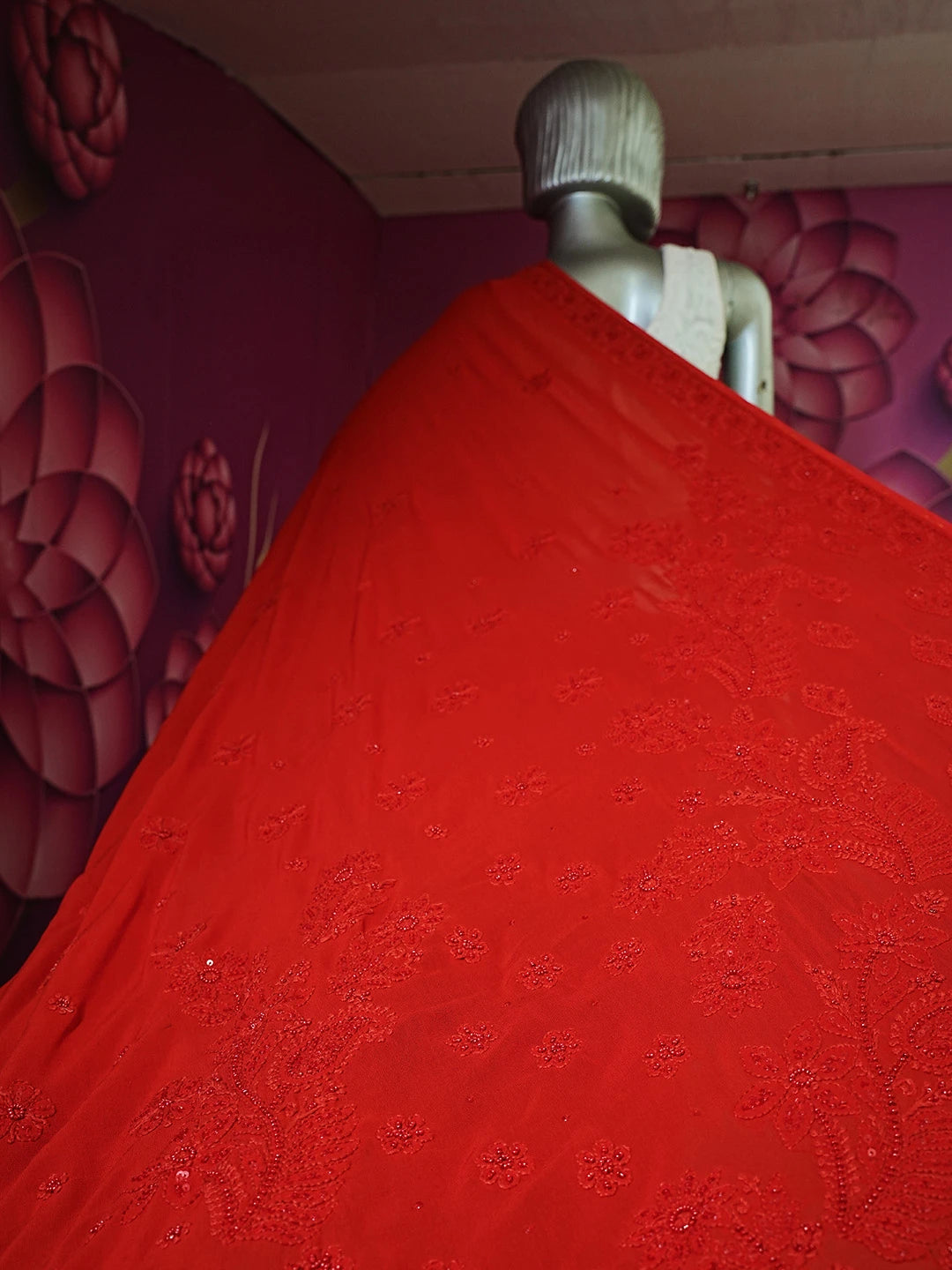 Ada Hand Embroidered Red Viscose Georgette Lucknowi Chikankari Saree With Blouse And Cutdana Work 01A510440
