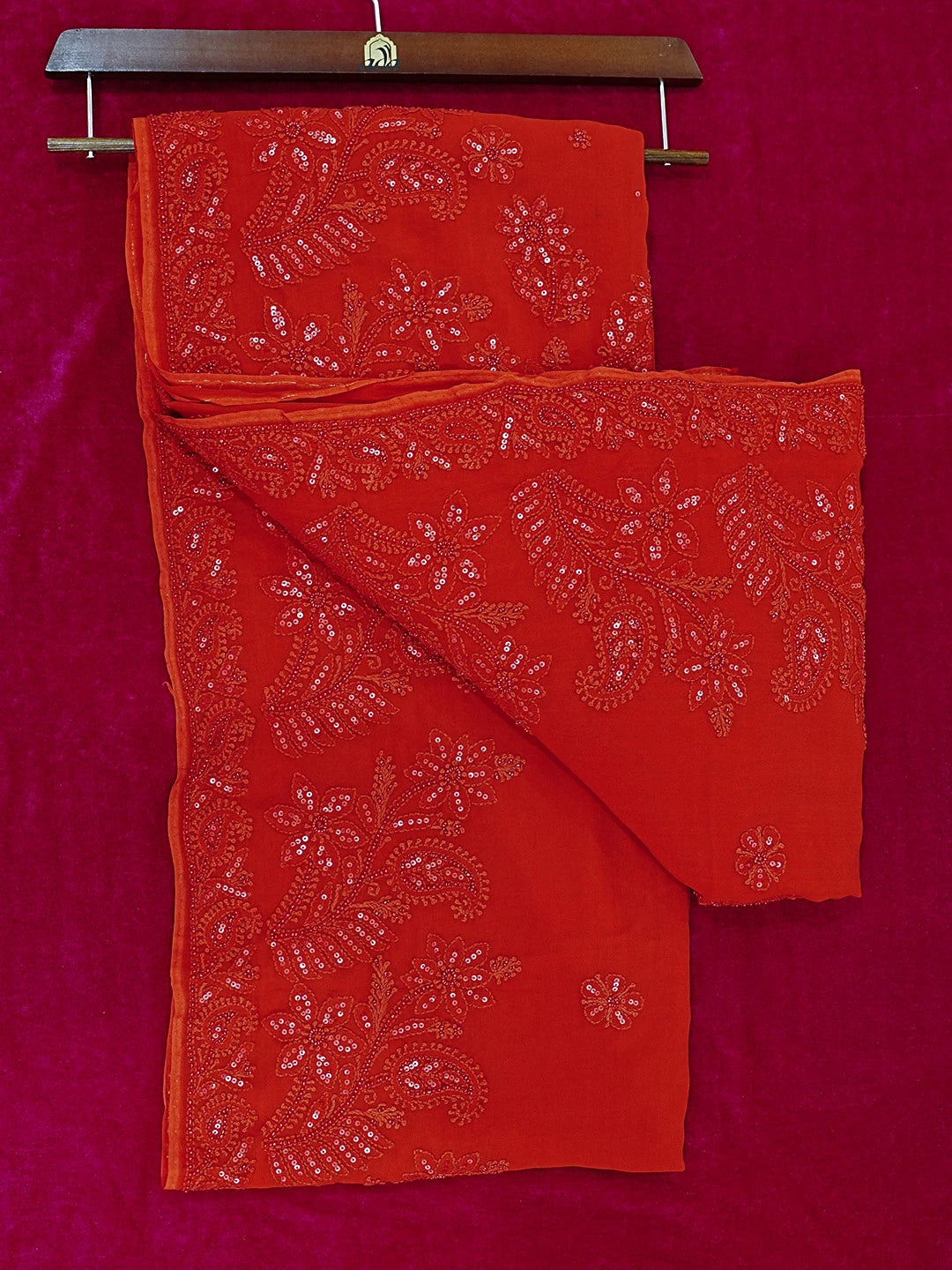 Ada Hand Embroidered Red Viscose Georgette Lucknowi Chikankari Saree With Blouse And Cutdana Work 01A510440