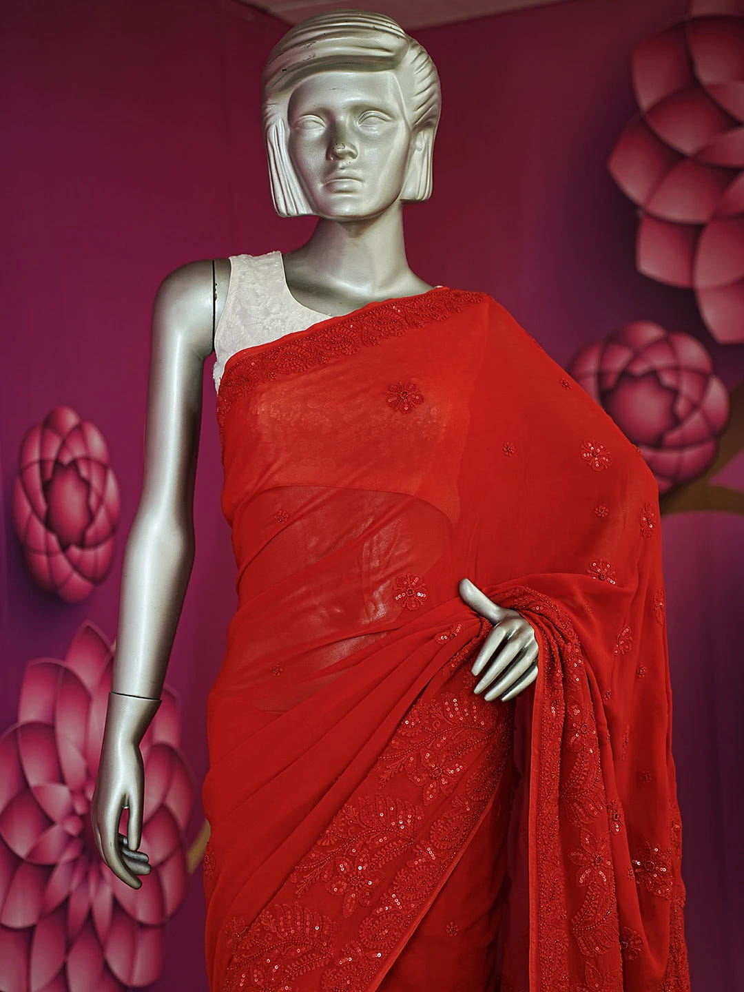 Ada Hand Embroidered Red Viscose Georgette Lucknowi Chikankari Saree With Blouse And Cutdana Work 01A510440