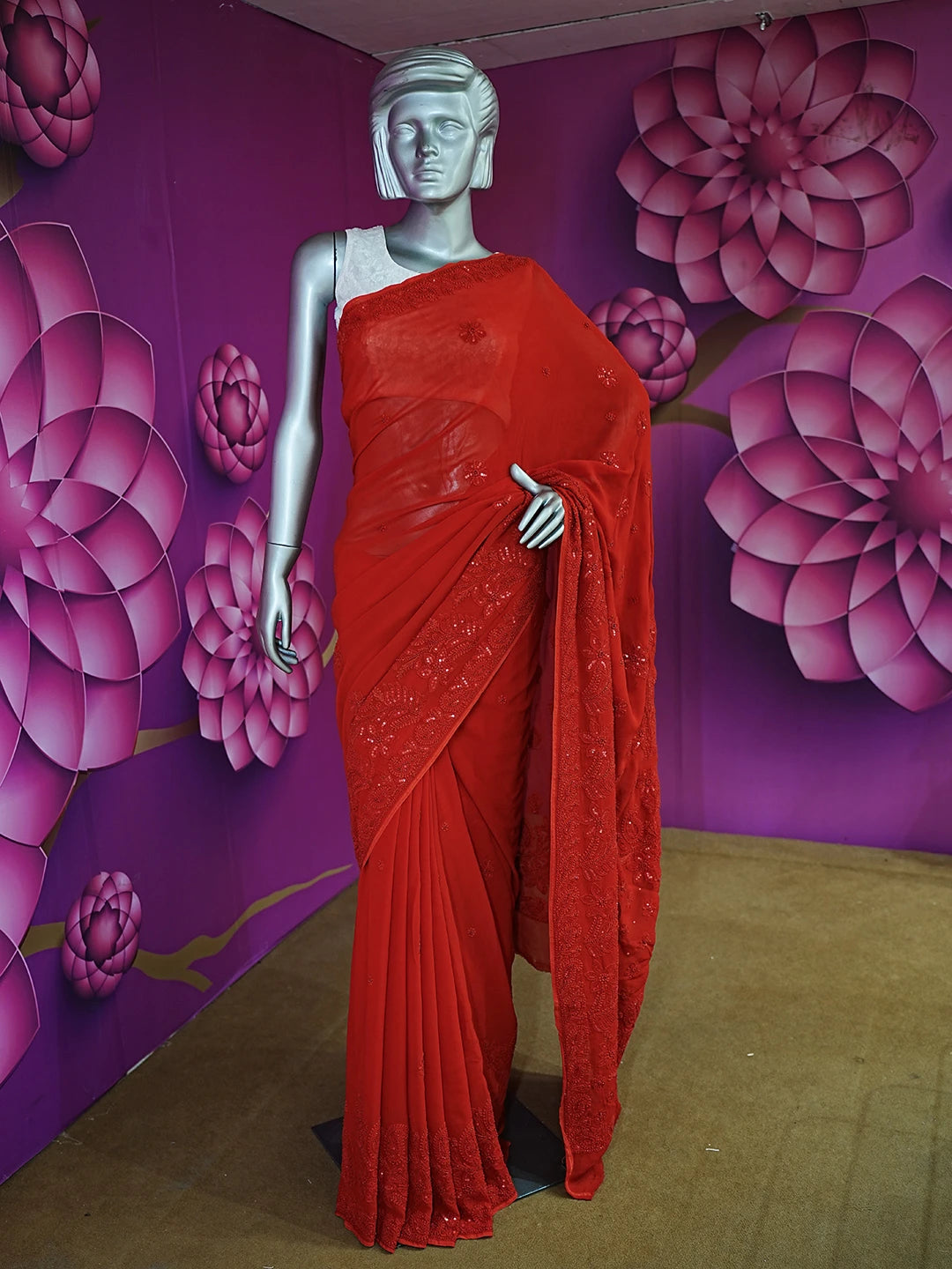 Ada Hand Embroidered Red Viscose Georgette Lucknowi Chikankari Saree With Blouse And Cutdana Work 01A510440