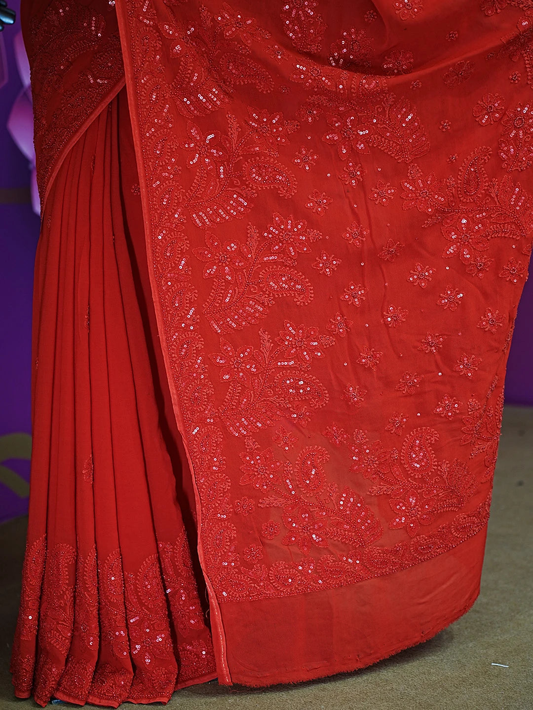 Ada Hand Embroidered Red Viscose Georgette Lucknowi Chikankari Saree With Blouse And Cutdana Work 01A510440